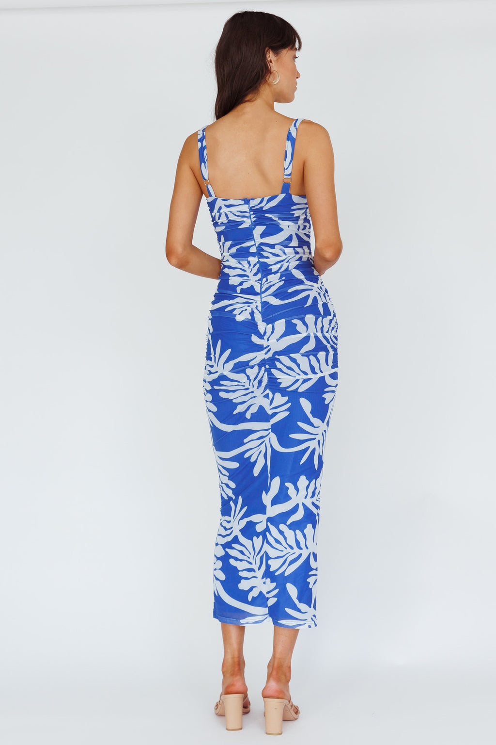 Hawaiian Sun Ruched Bust Midi Dress Print Blue by Selfie Leslie Australia