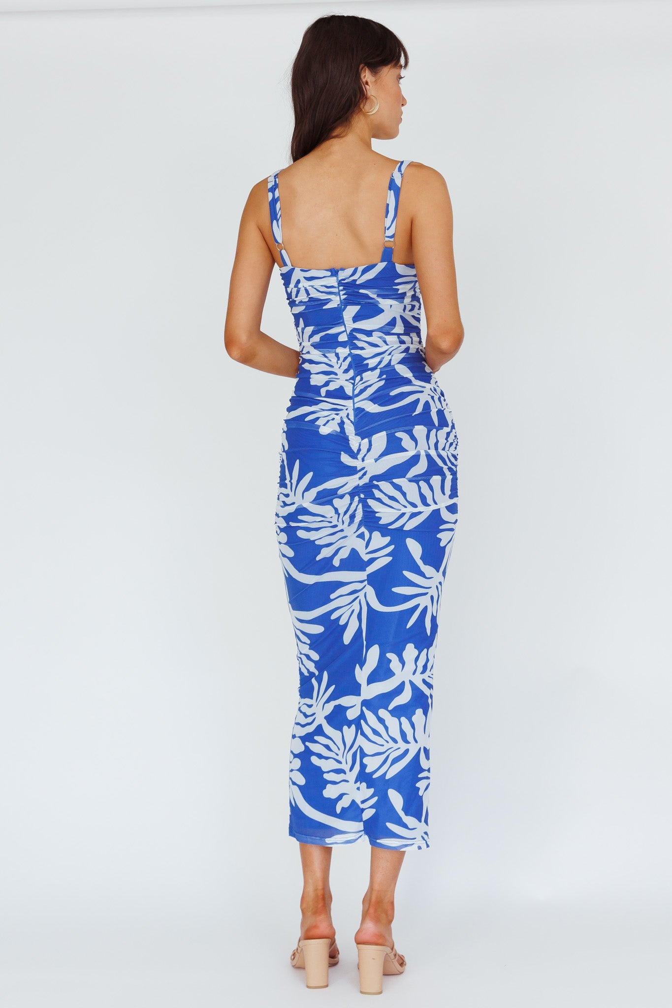 Hawaiian Sun Ruched Bust Midi Dress Print Blue by Selfie Leslie Australia