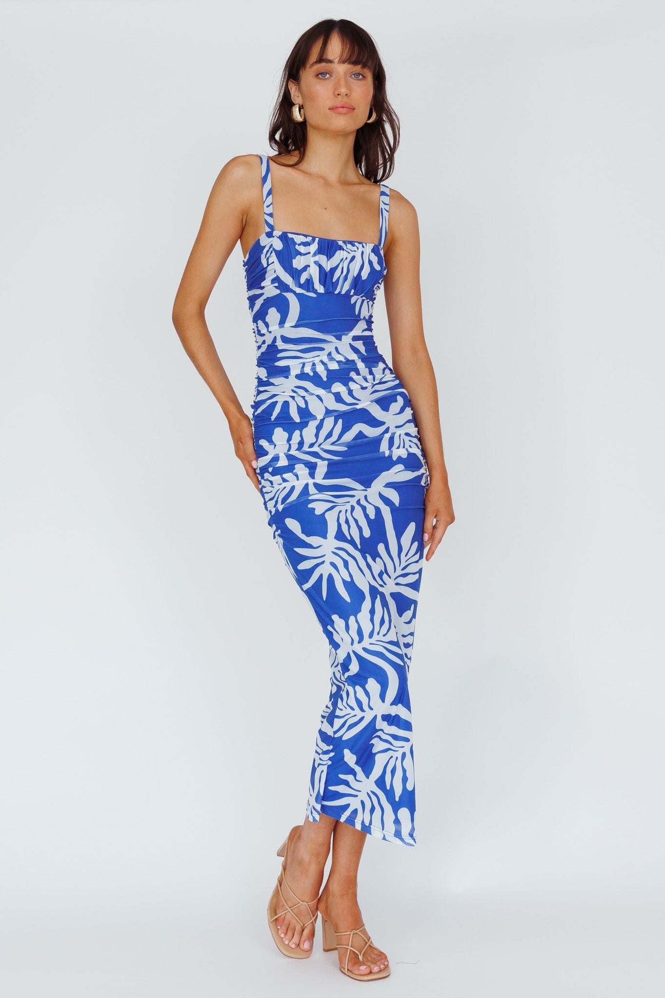 Hawaiian Sun Ruched Bust Midi Dress Print Blue by Selfie Leslie Australia