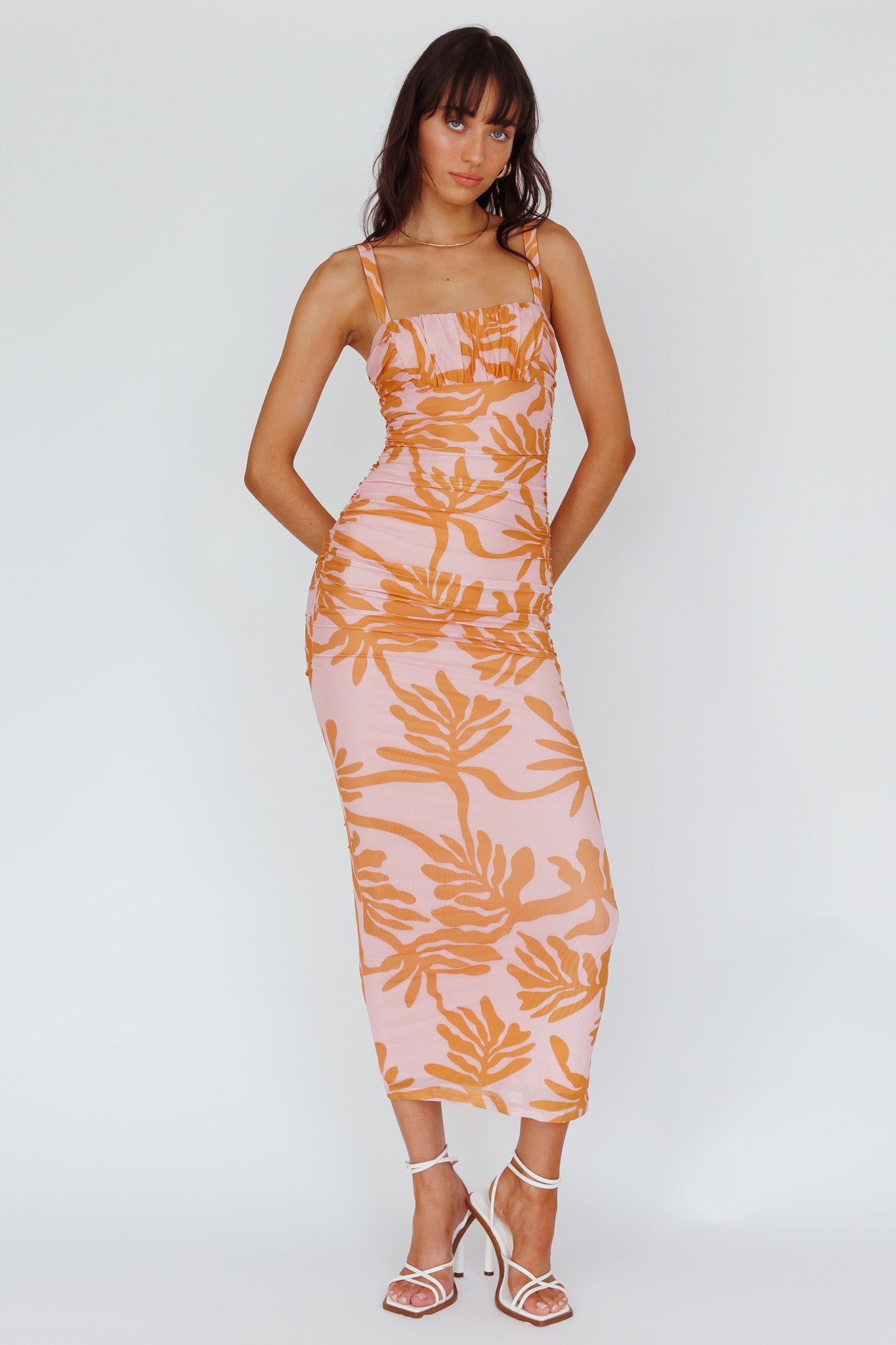 Hawaiian Sun Ruched Bust Midi Dress Print Pink by Selfie Leslie Australia