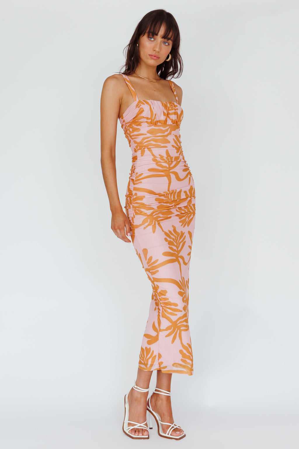 Hawaiian Sun Ruched Bust Midi Dress Print Pink by Selfie Leslie Australia