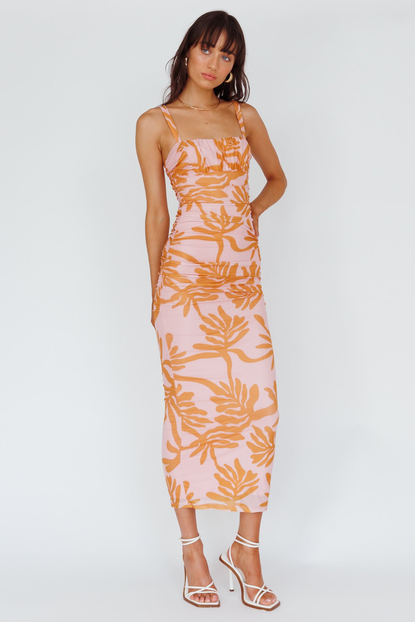 Hawaiian Sun Ruched Bust Midi Dress Print Pink by Selfie Leslie Australia