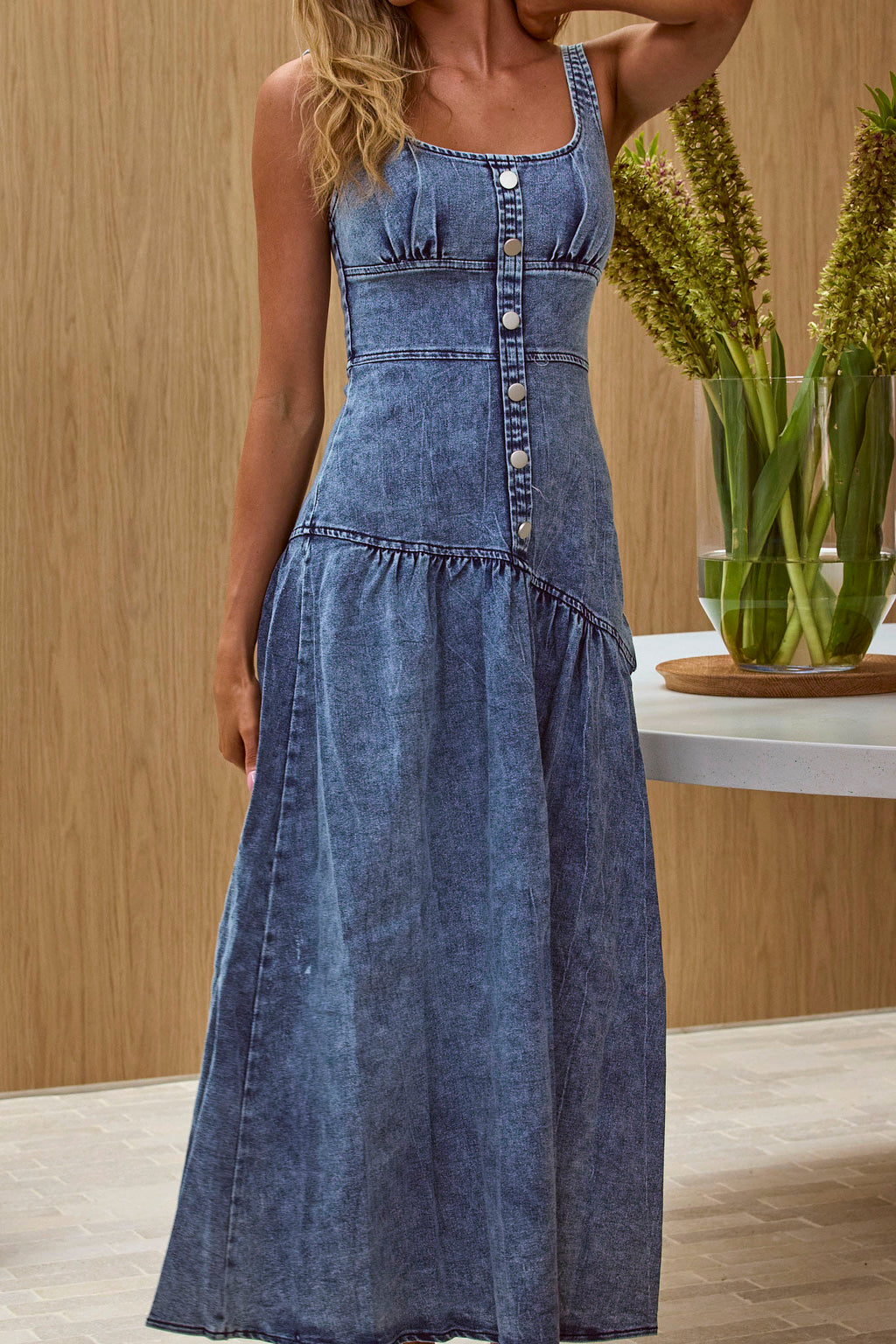 Pansy Scoop Neck Flounce Hem Maxi Dress Denim by Selfie Leslie Australia