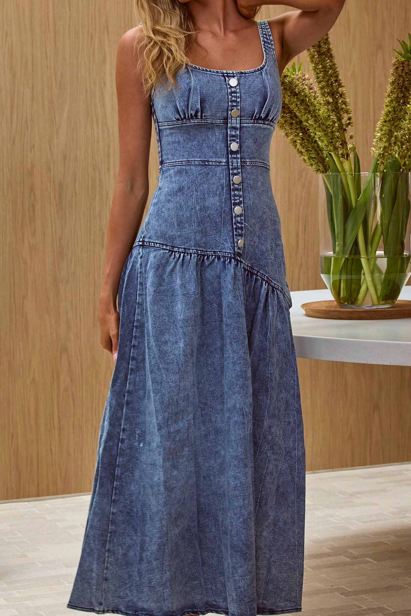 Pansy Scoop Neck Flounce Hem Maxi Dress Denim by Selfie Leslie Australia