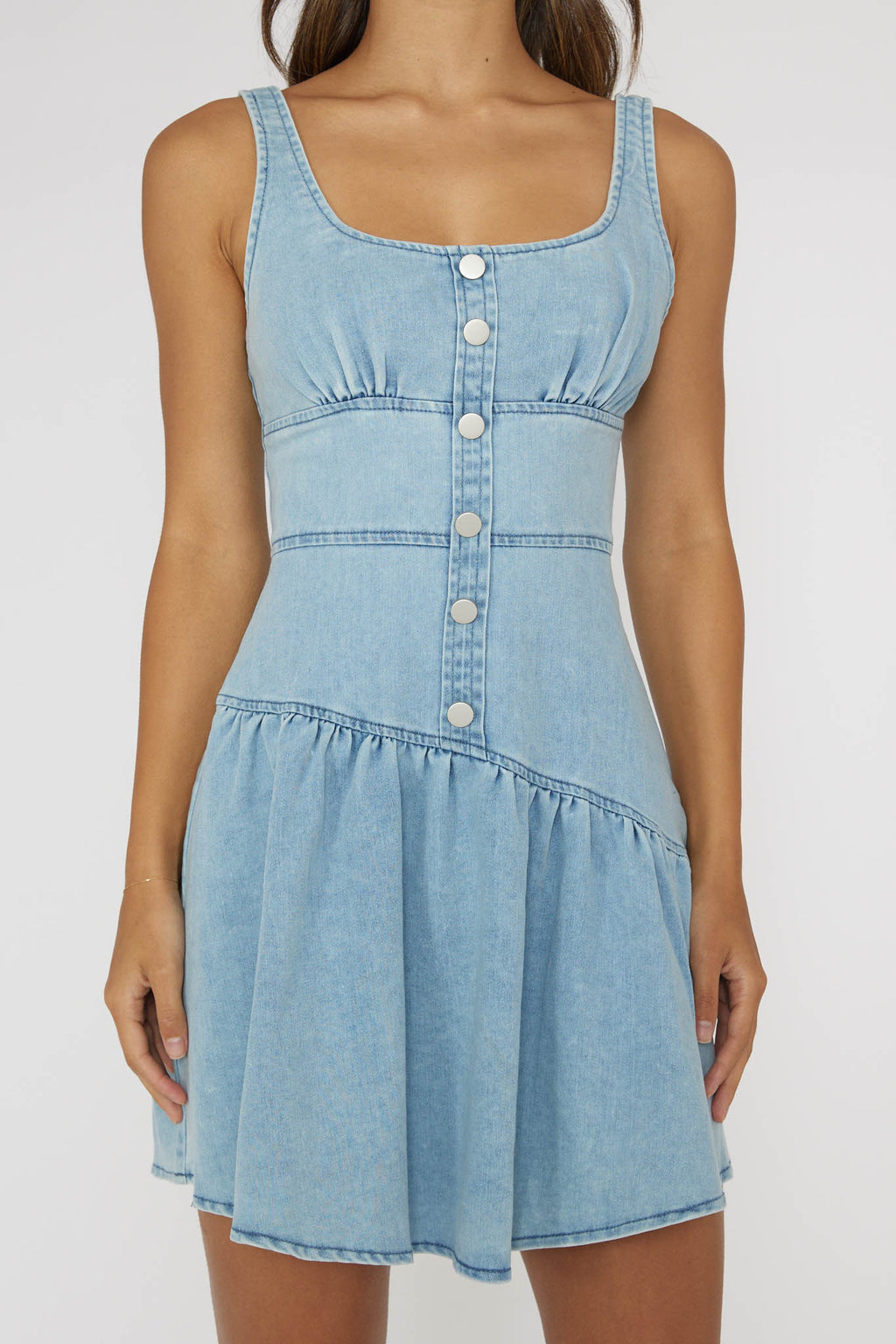 Pansy Flounce Hem Mini Dress Light Denim by Selfie Leslie Australia
