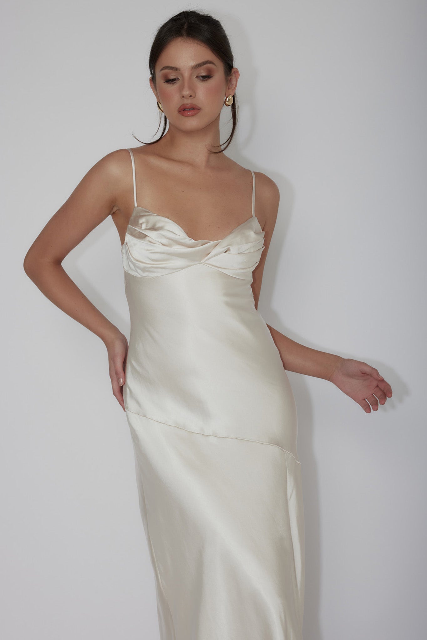 Amity Twist Bust Split Maxi Dress Champagne by Selfie Leslie Australia