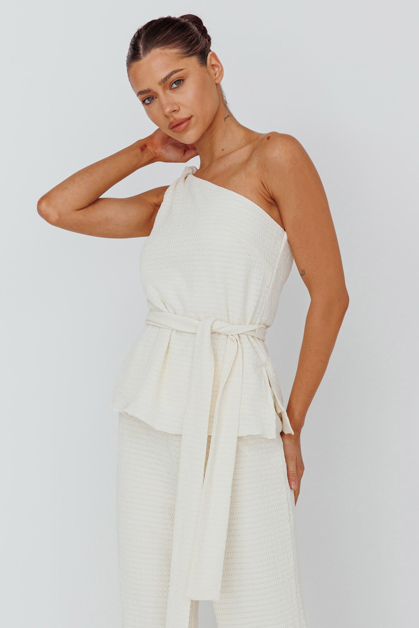 Austin City One-Shoulder Waist Tie Top Cream by Selfie Leslie Australia
