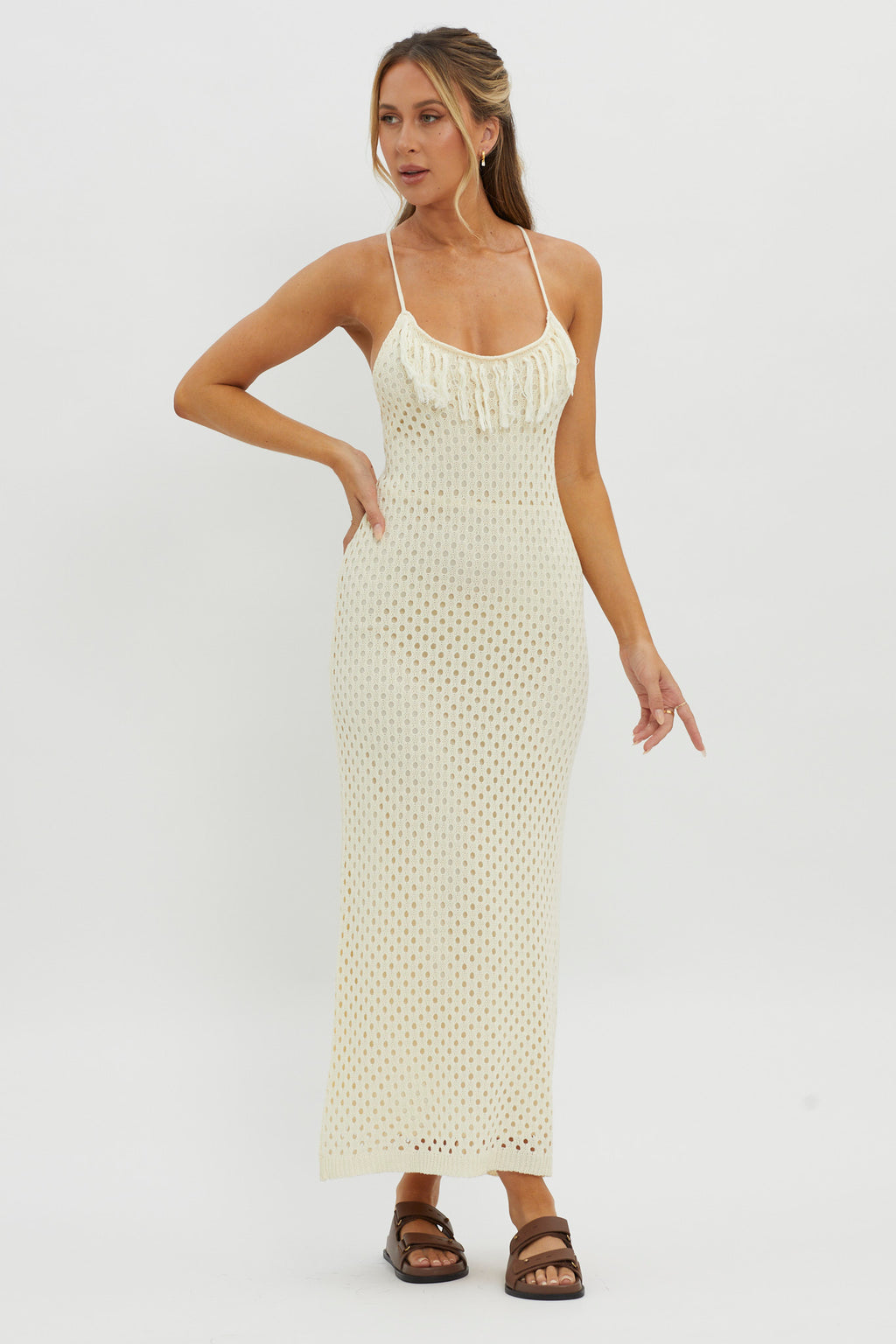 Kesha Open Back Crochet Maxi Dress Cream by Selfie Leslie Australia