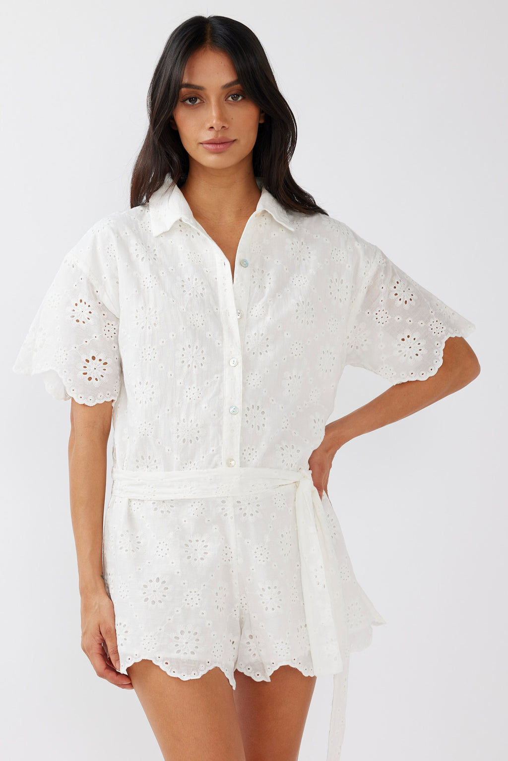Junie Eyelet Embroidery Waist Tie Romper White by Selfie Leslie Australia