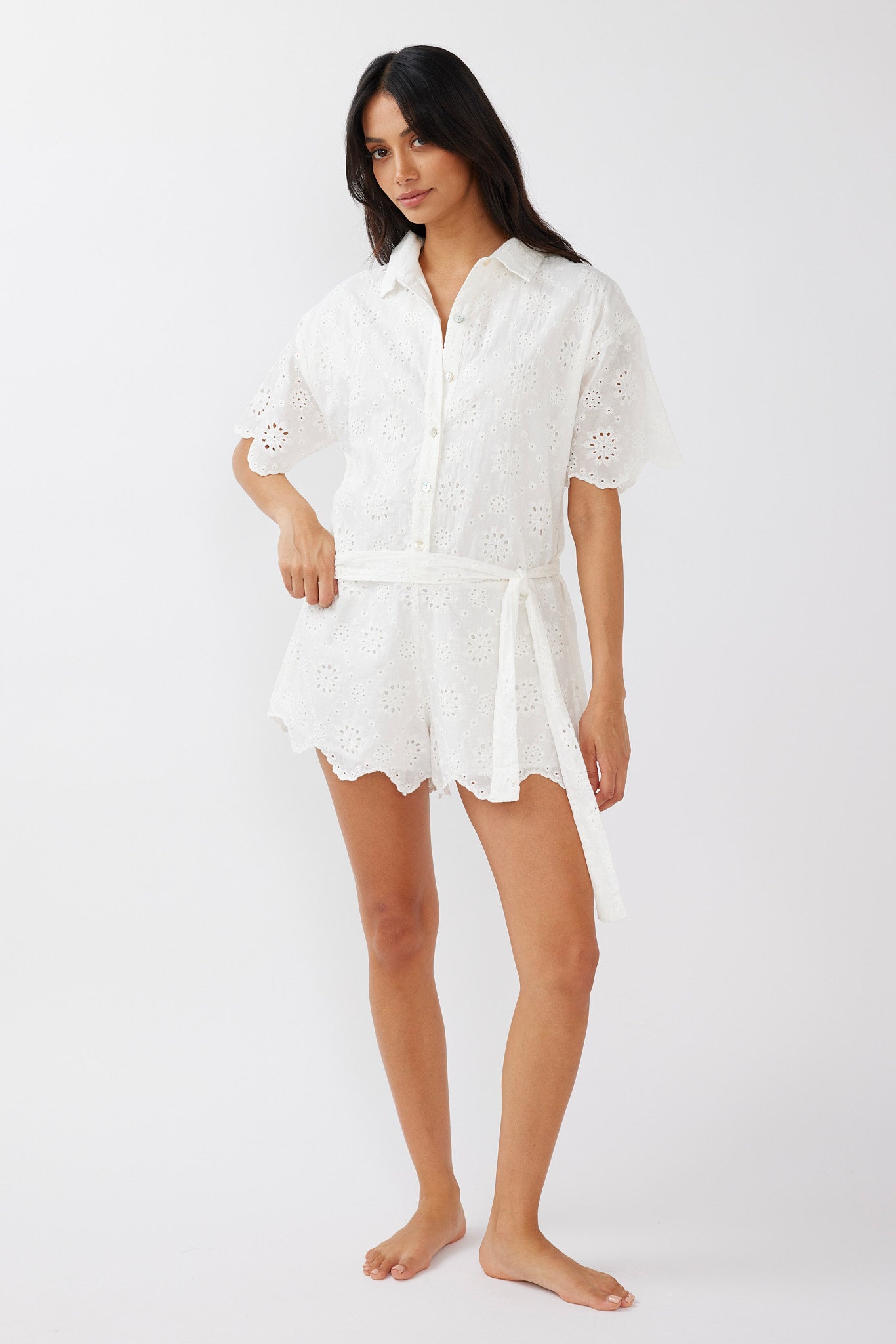 Junie Eyelet Embroidery Waist Tie Romper White by Selfie Leslie Australia