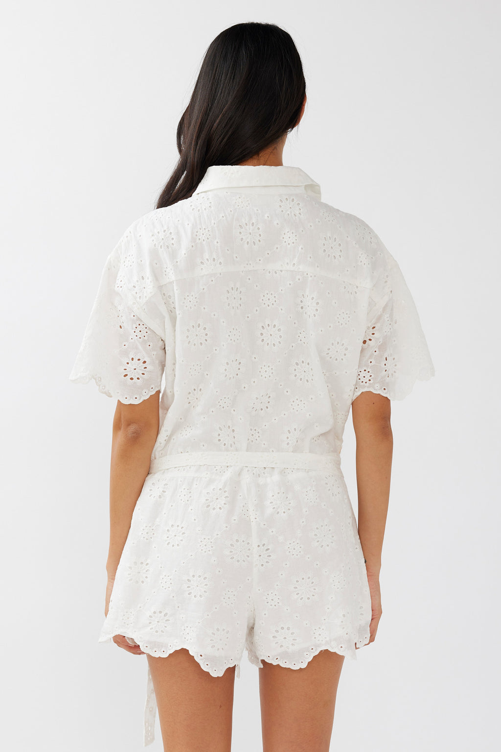 Junie Eyelet Embroidery Waist Tie Romper White by Selfie Leslie Australia
