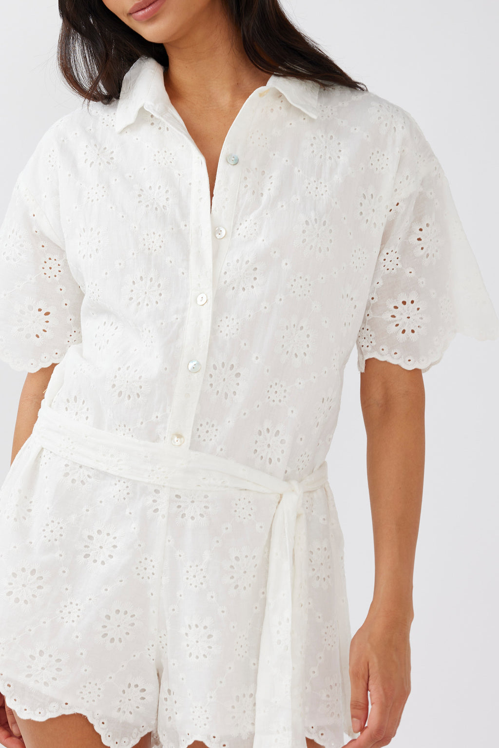 Junie Eyelet Embroidery Waist Tie Romper White by Selfie Leslie Australia