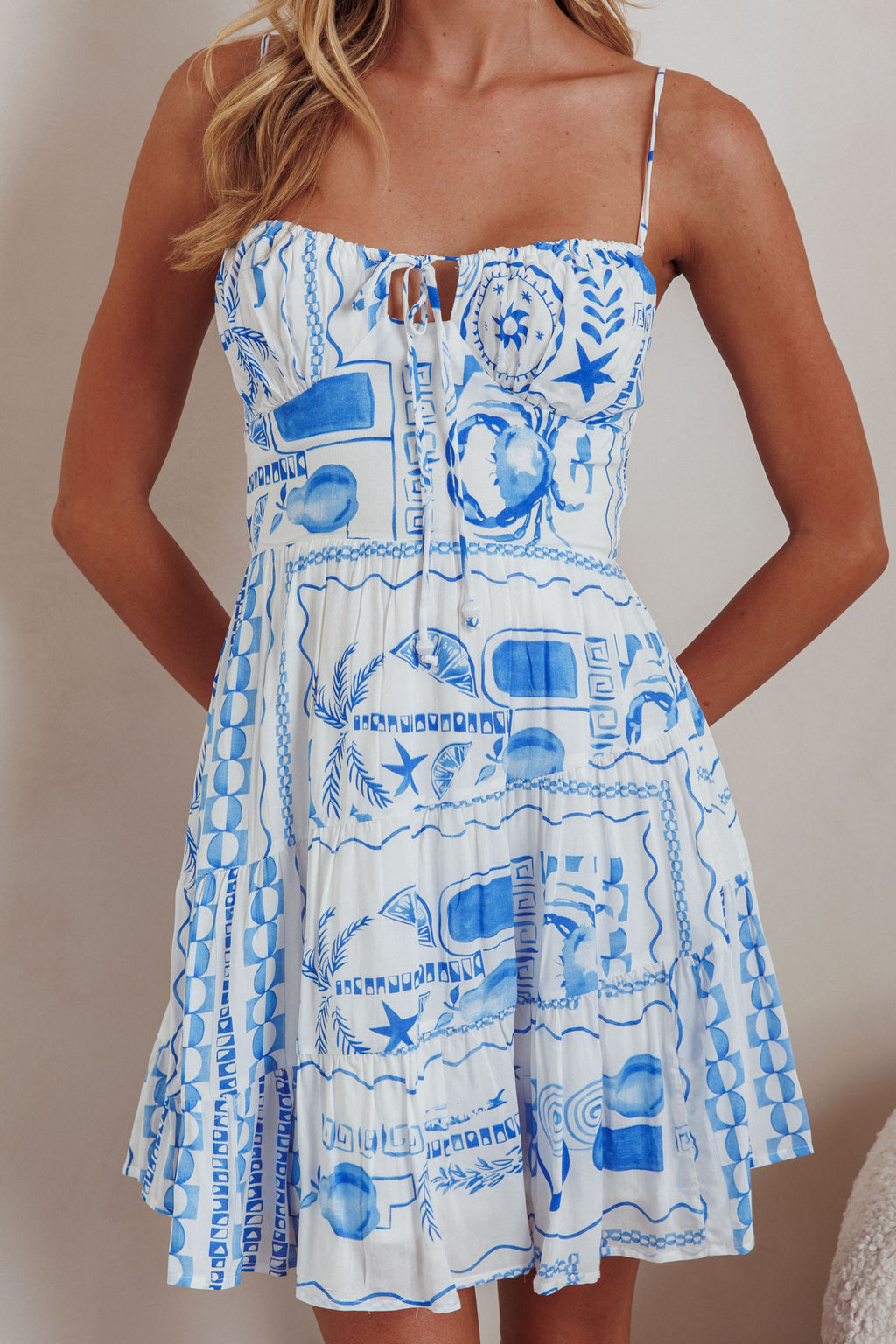 Doe Tied Bust Mini Dress Print Blue by Selfie Leslie Australia