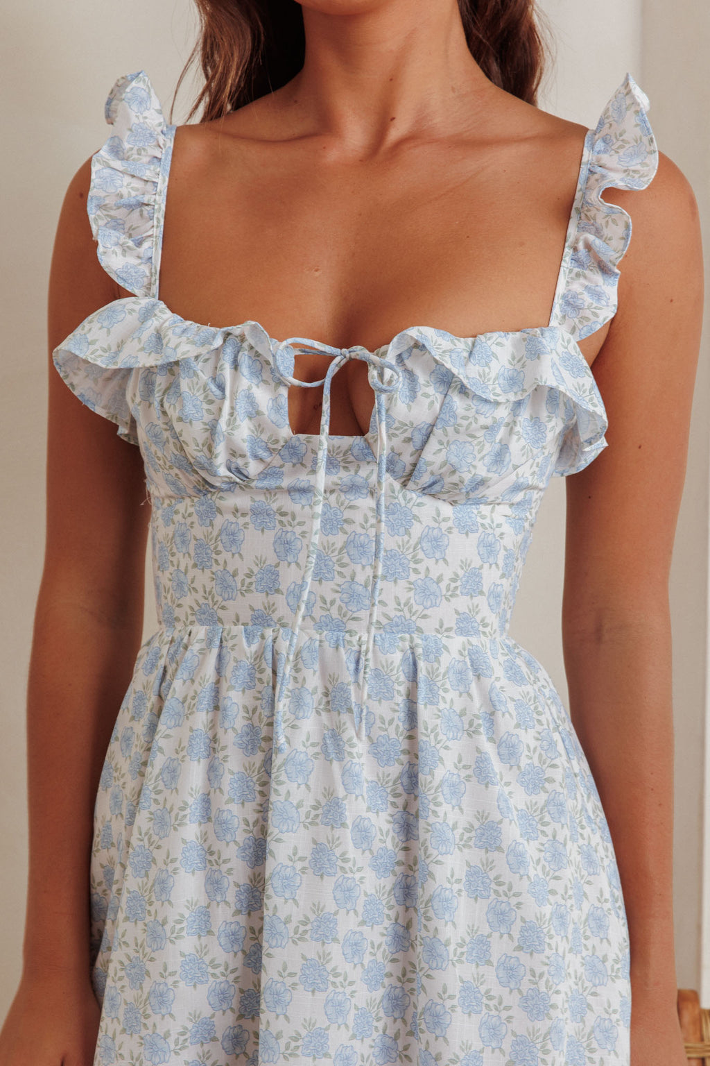 Doe Tied Bust Frill Mini Dress Floral Blue by Selfie Leslie Australia