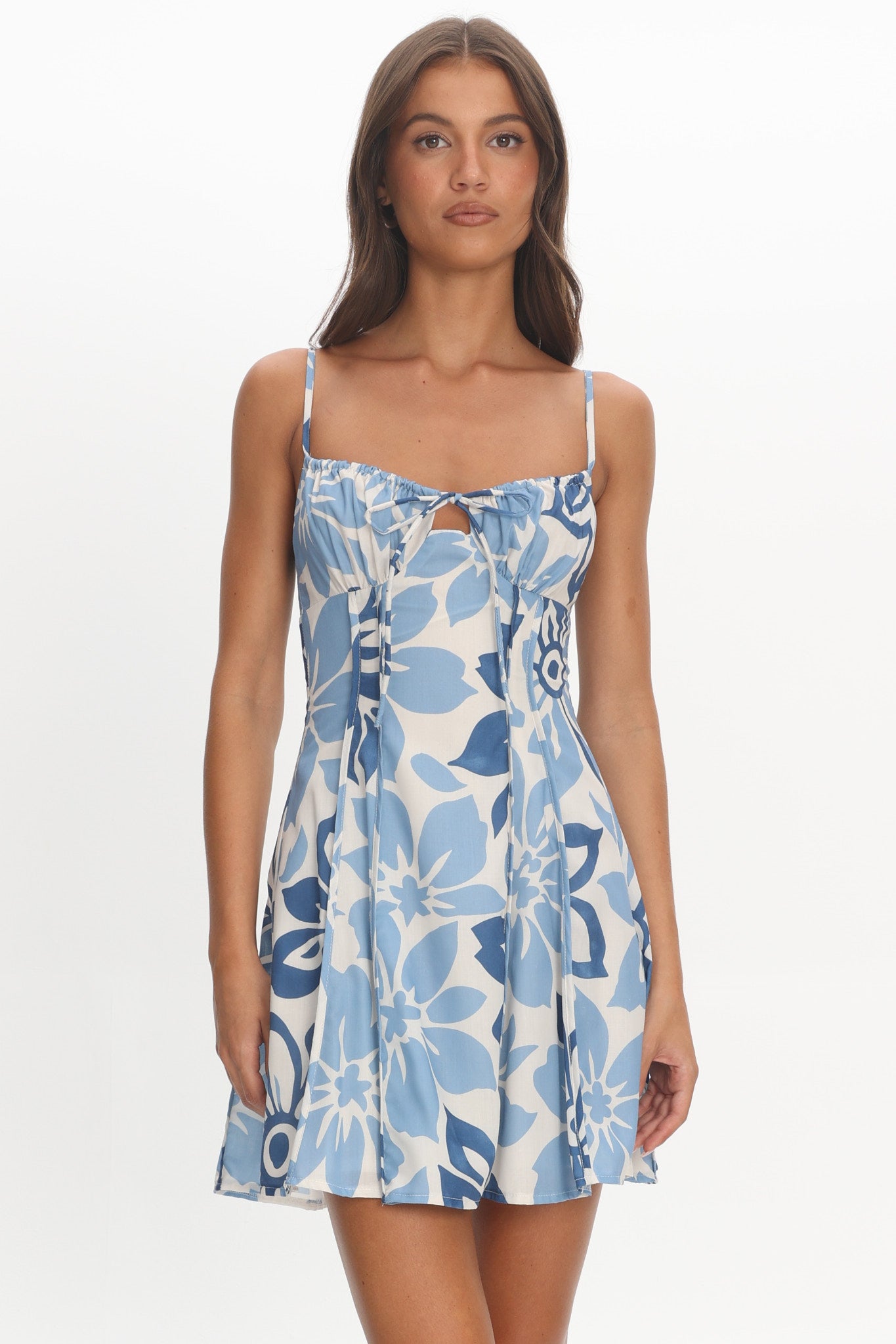 Doe Tied Bust Mini Dress Print Floral Blue by Selfie Leslie Australia