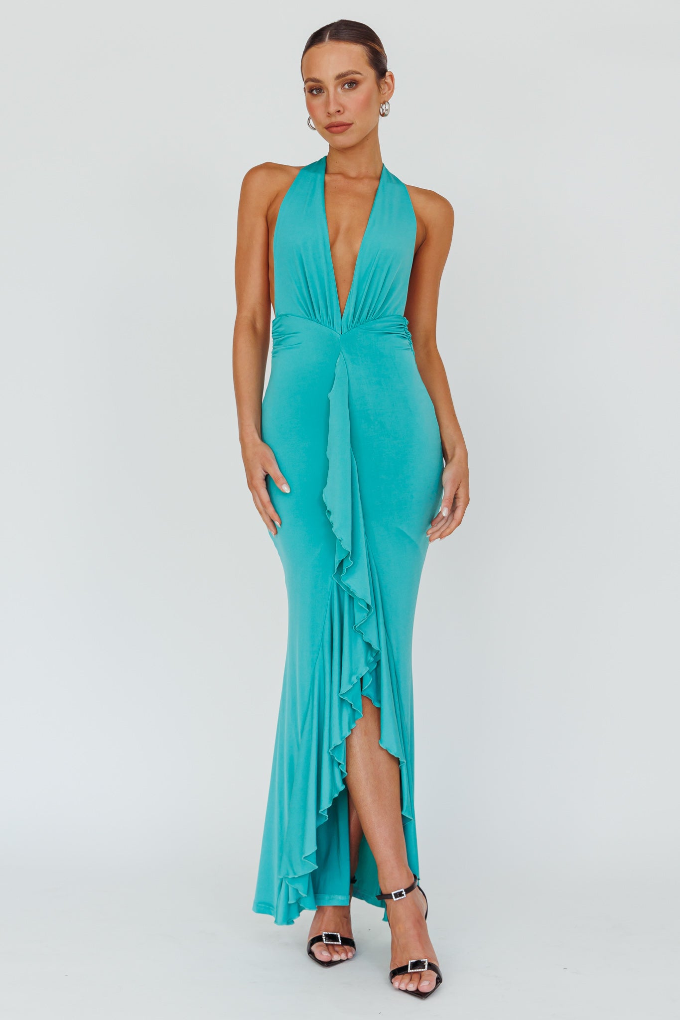 Zaphirah Halterneck Ruffle Dress Jade by Selfie Leslie Australia