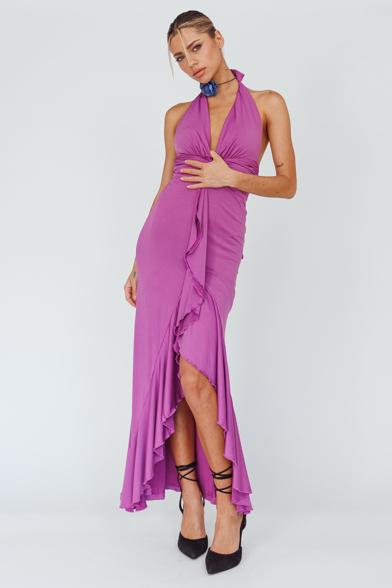 Zaphirah Halterneck Ruffle Dress Magenta by Selfie Leslie Australia