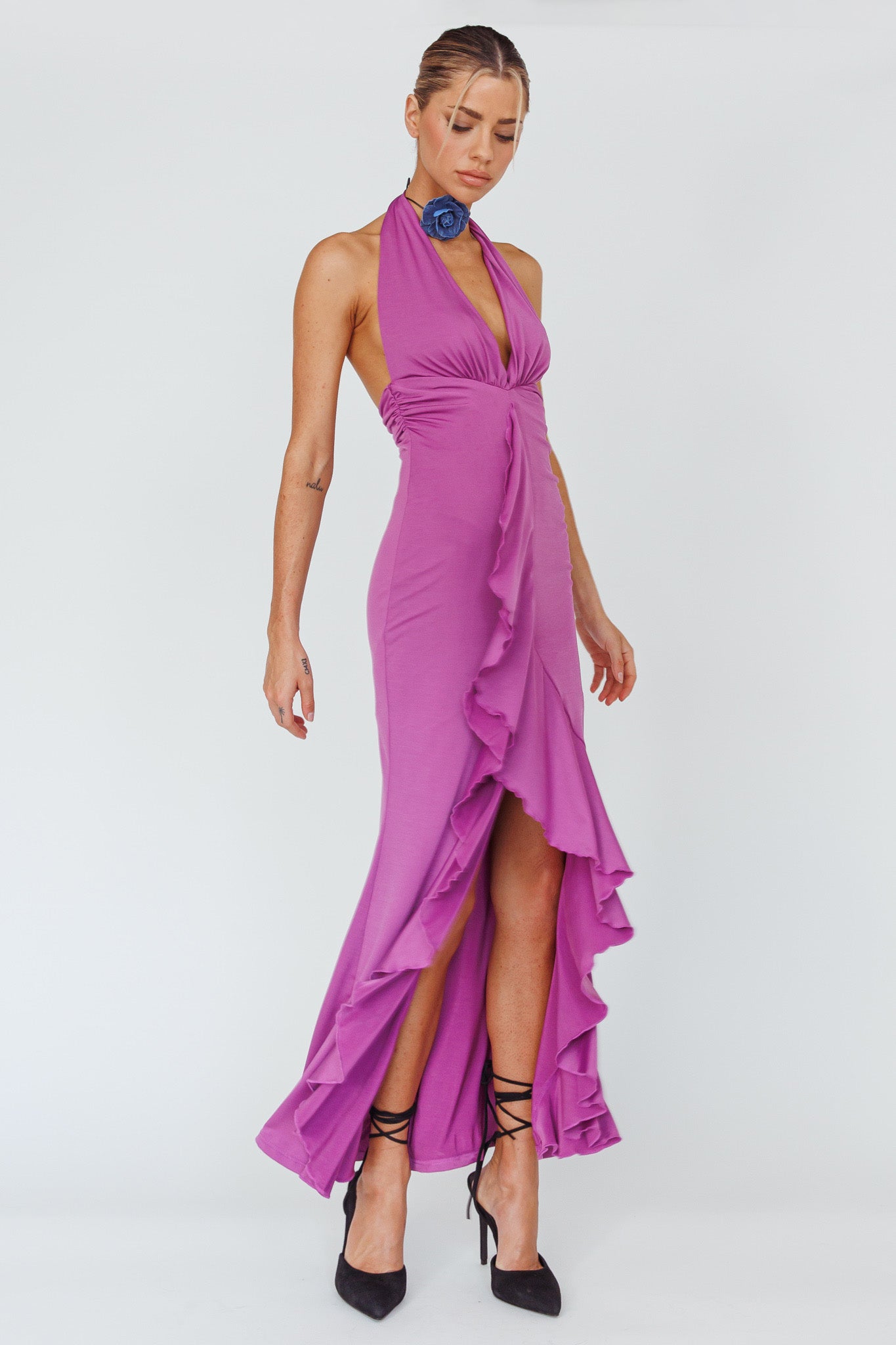 Zaphirah Halterneck Ruffle Dress Magenta by Selfie Leslie Australia