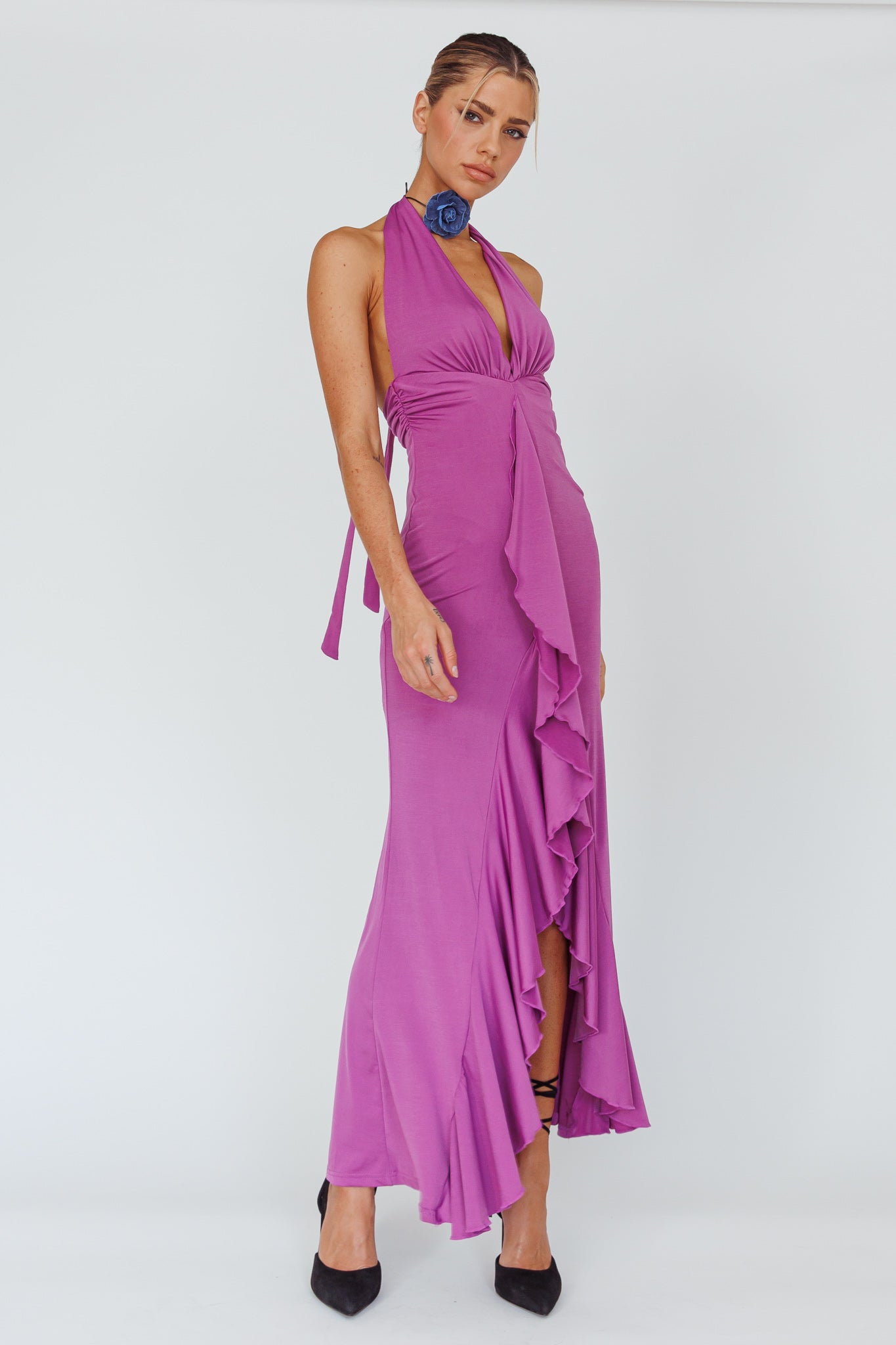 Zaphirah Halterneck Ruffle Dress Magenta by Selfie Leslie Australia