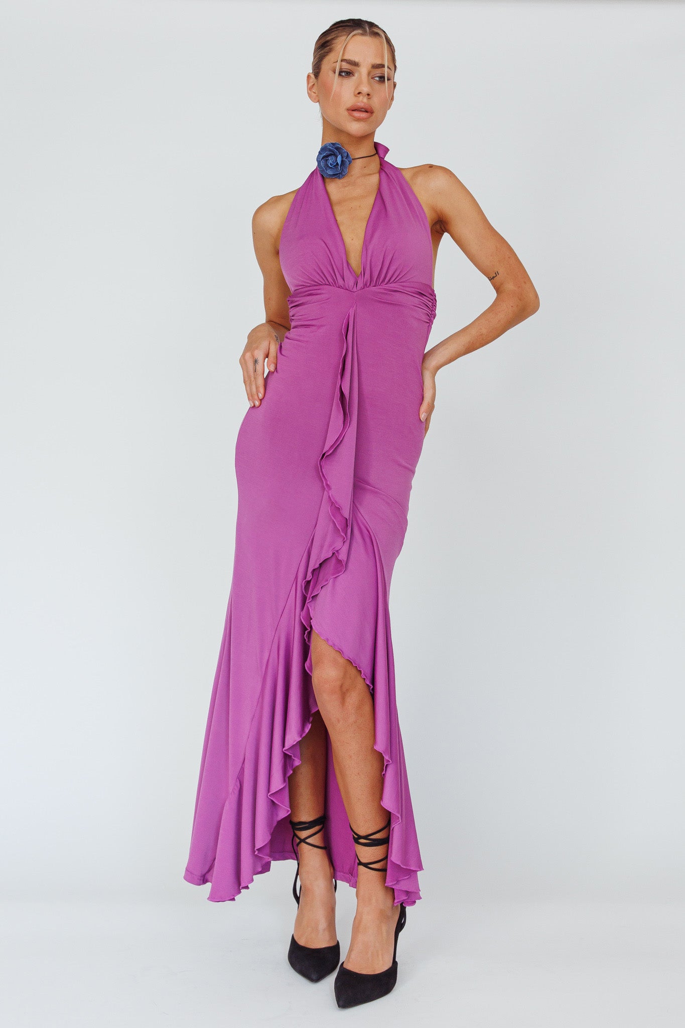 Zaphirah Halterneck Ruffle Dress Magenta by Selfie Leslie Australia