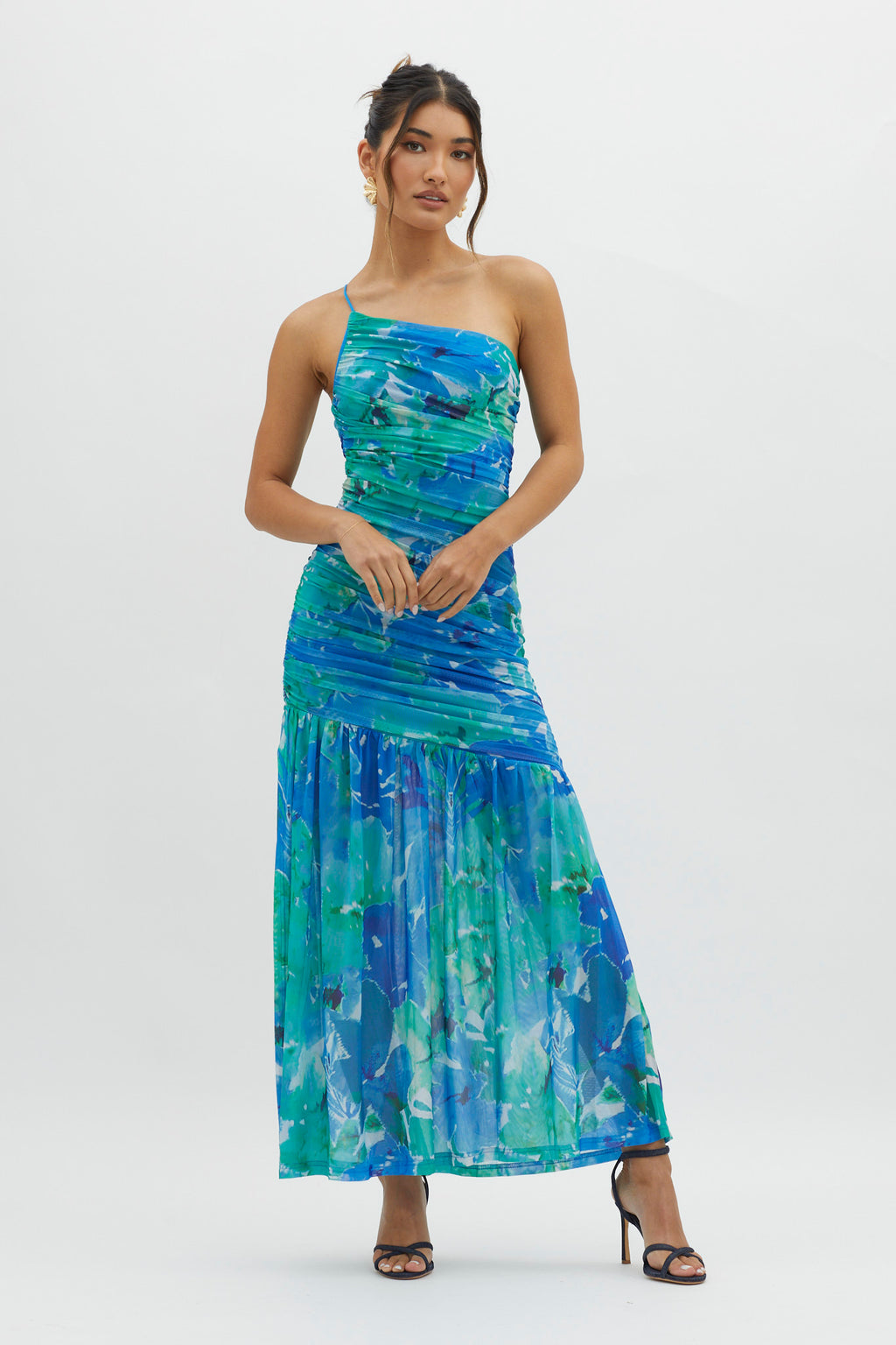 Golden Sun One-Shoulder Ruched Maxi Dress Green by Selfie Leslie Australia