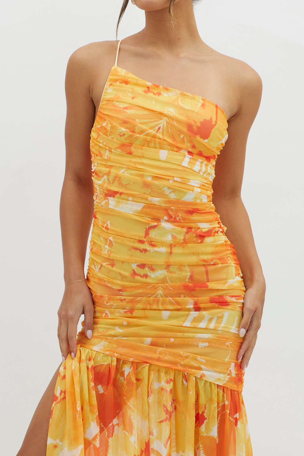 Golden Sun One-Shoulder Ruched Maxi Dress Yellow by Selfie Leslie Australia