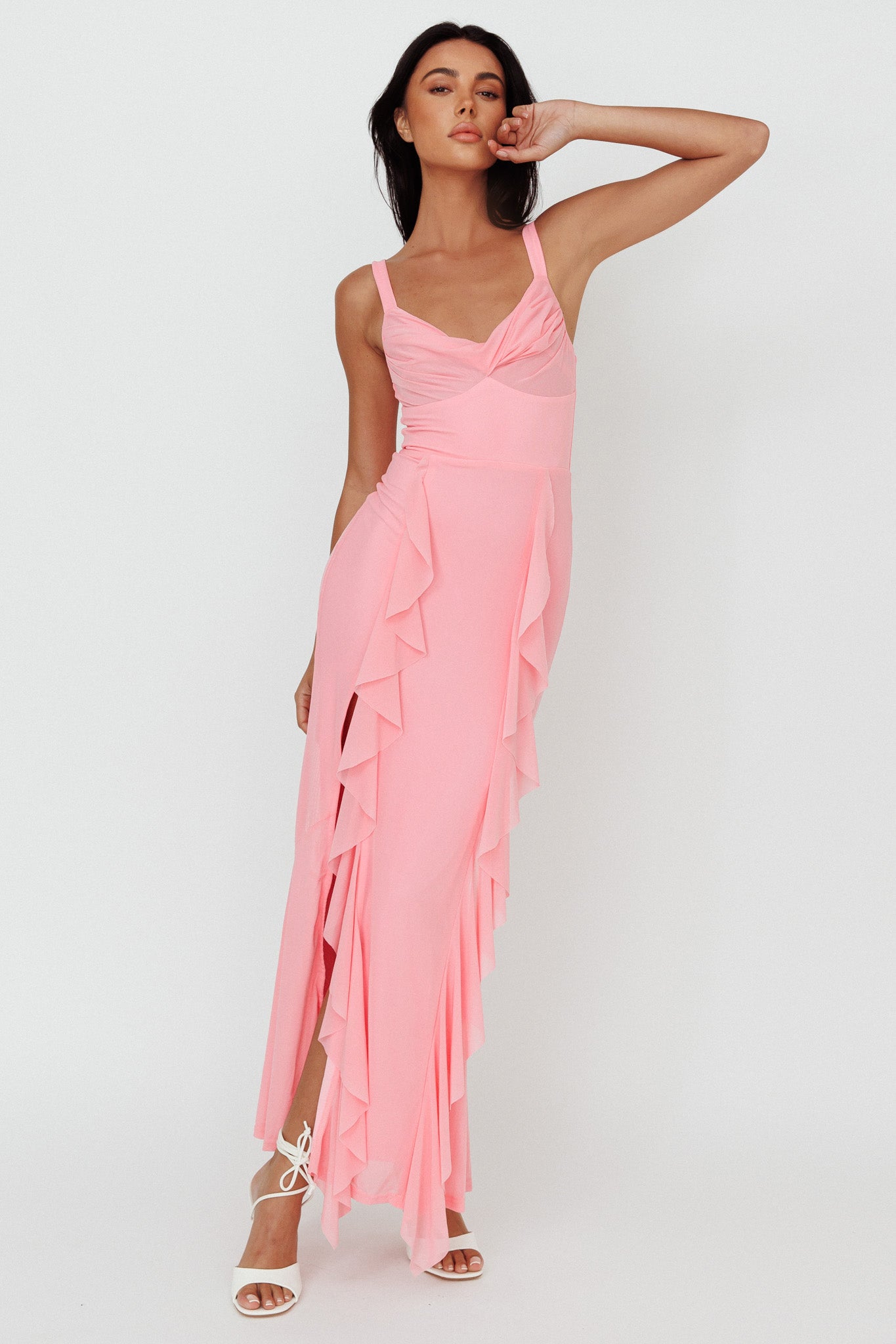 Hollianna Ruffle Trim Split Maxi Dress Blush by Selfie Leslie Australia