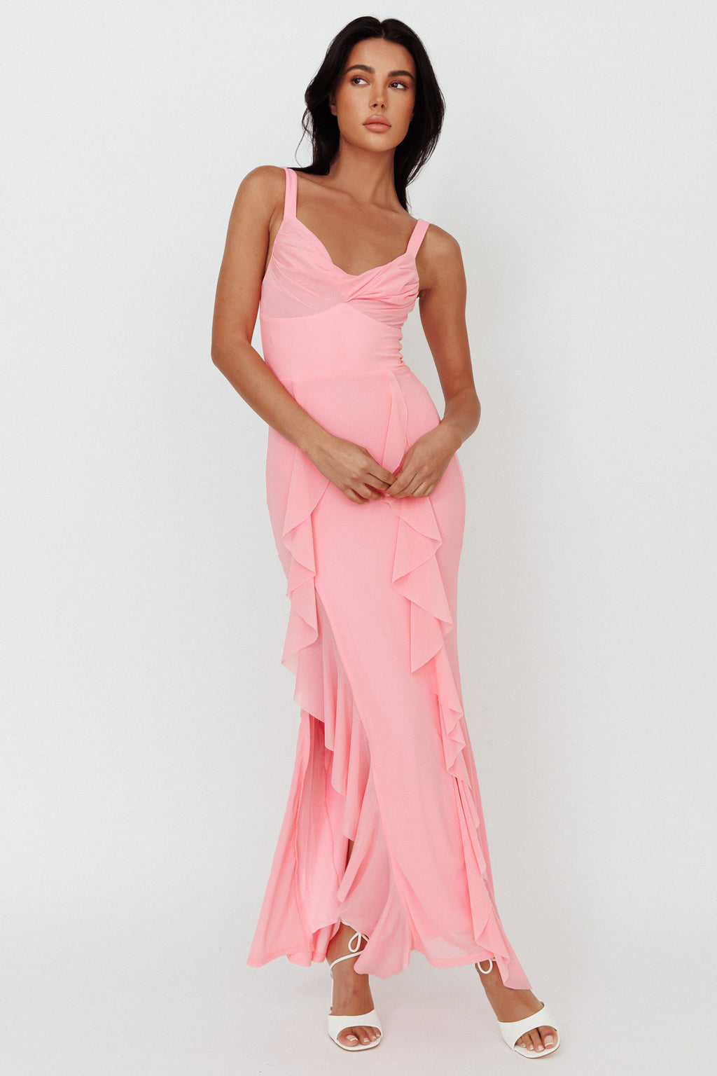 Hollianna Ruffle Trim Split Maxi Dress Blush by Selfie Leslie Australia
