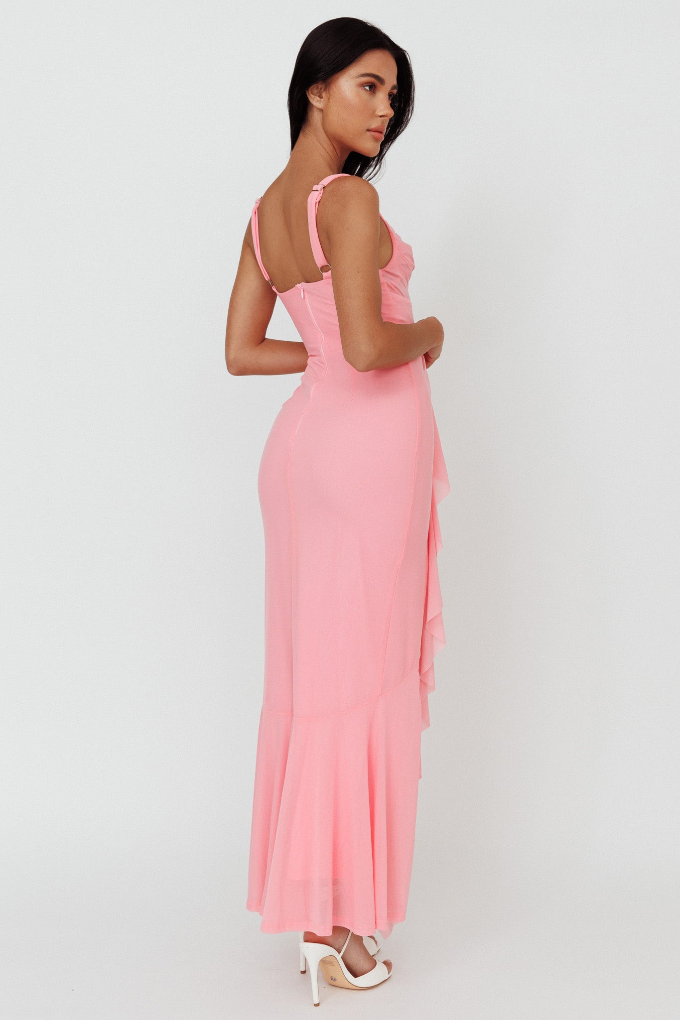 Hollianna Ruffle Trim Split Maxi Dress Blush by Selfie Leslie Australia