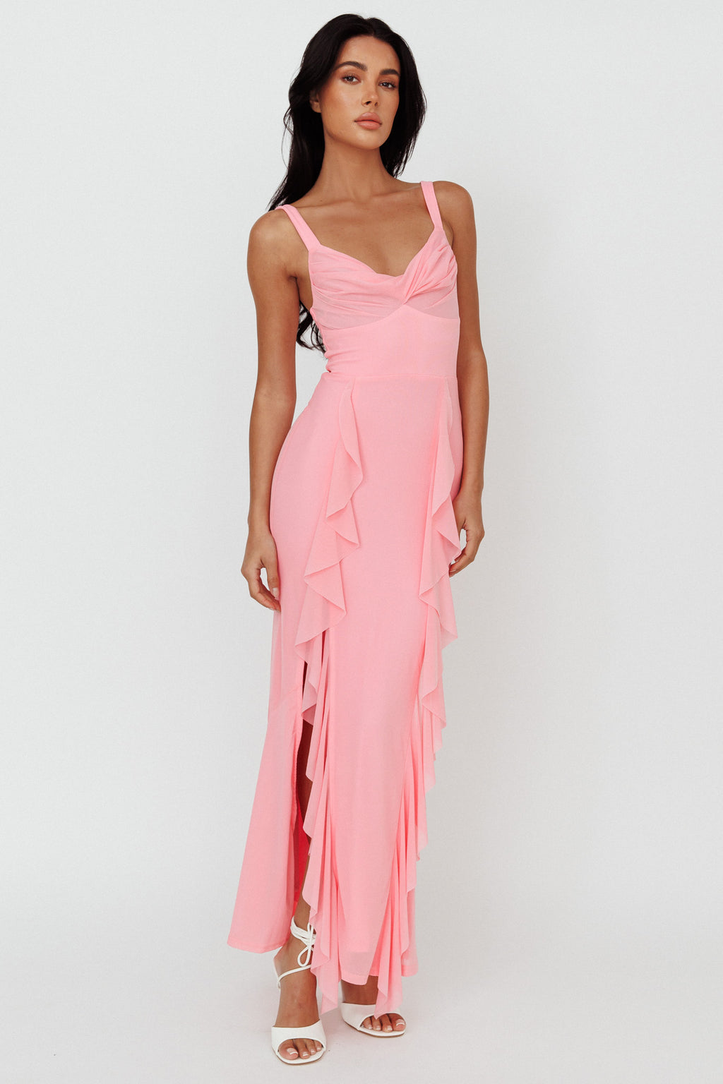 Hollianna Ruffle Trim Split Maxi Dress Blush by Selfie Leslie Australia