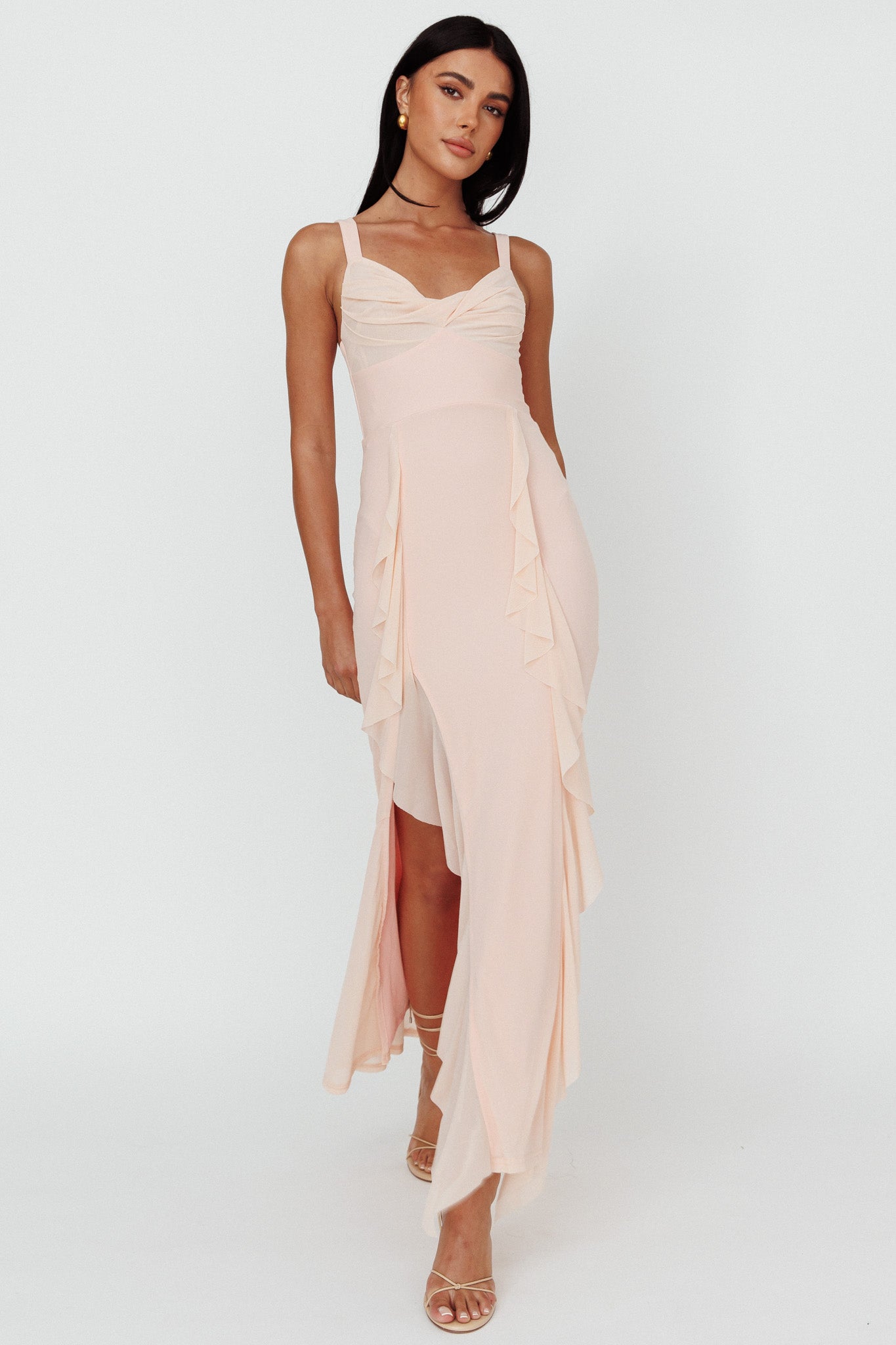Hollianna Ruffle Trim Split Maxi Dress Champagne by Selfie Leslie Australia