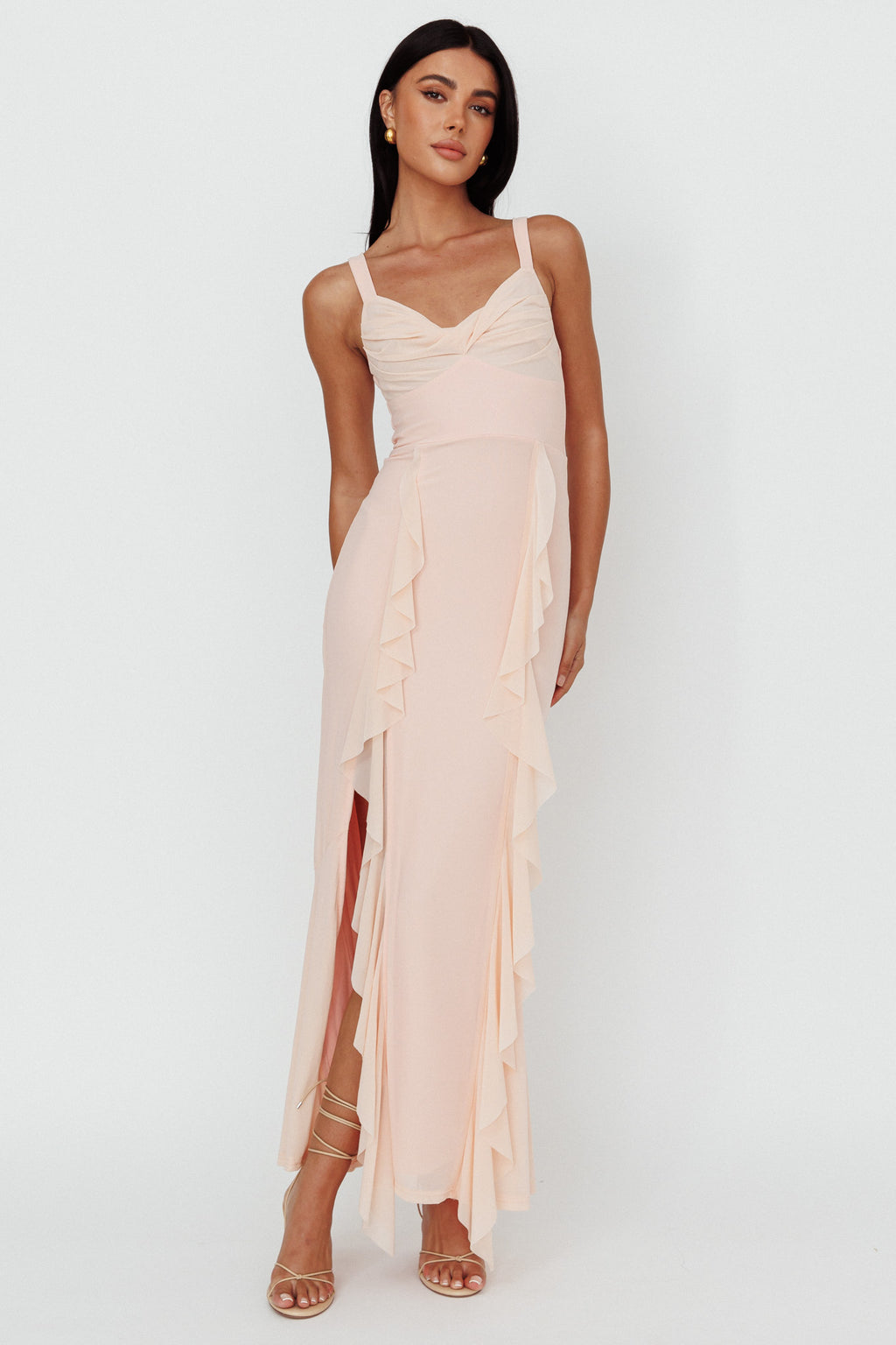Hollianna Ruffle Trim Split Maxi Dress Champagne by Selfie Leslie Australia