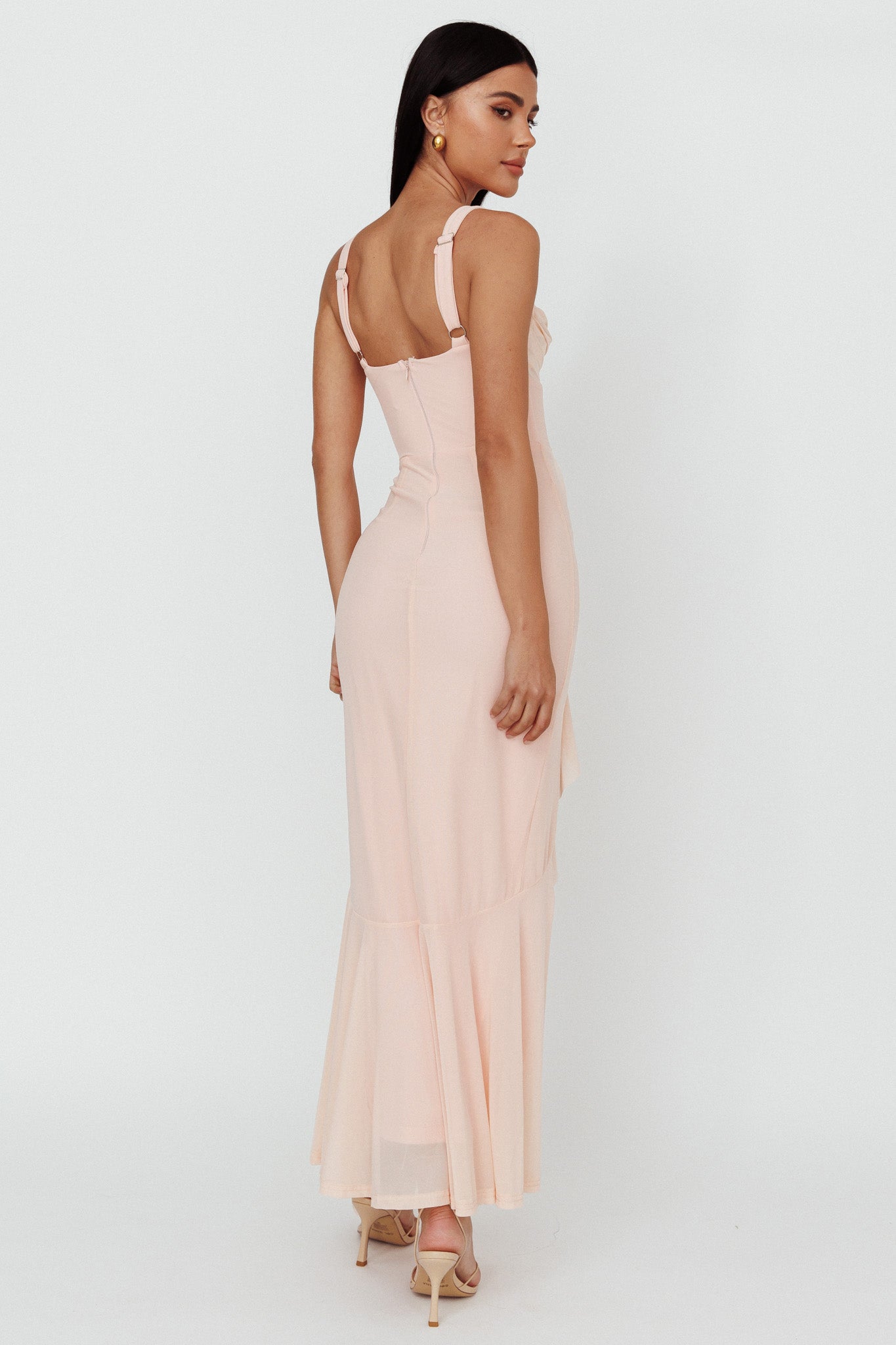 Hollianna Ruffle Trim Split Maxi Dress Champagne by Selfie Leslie Australia