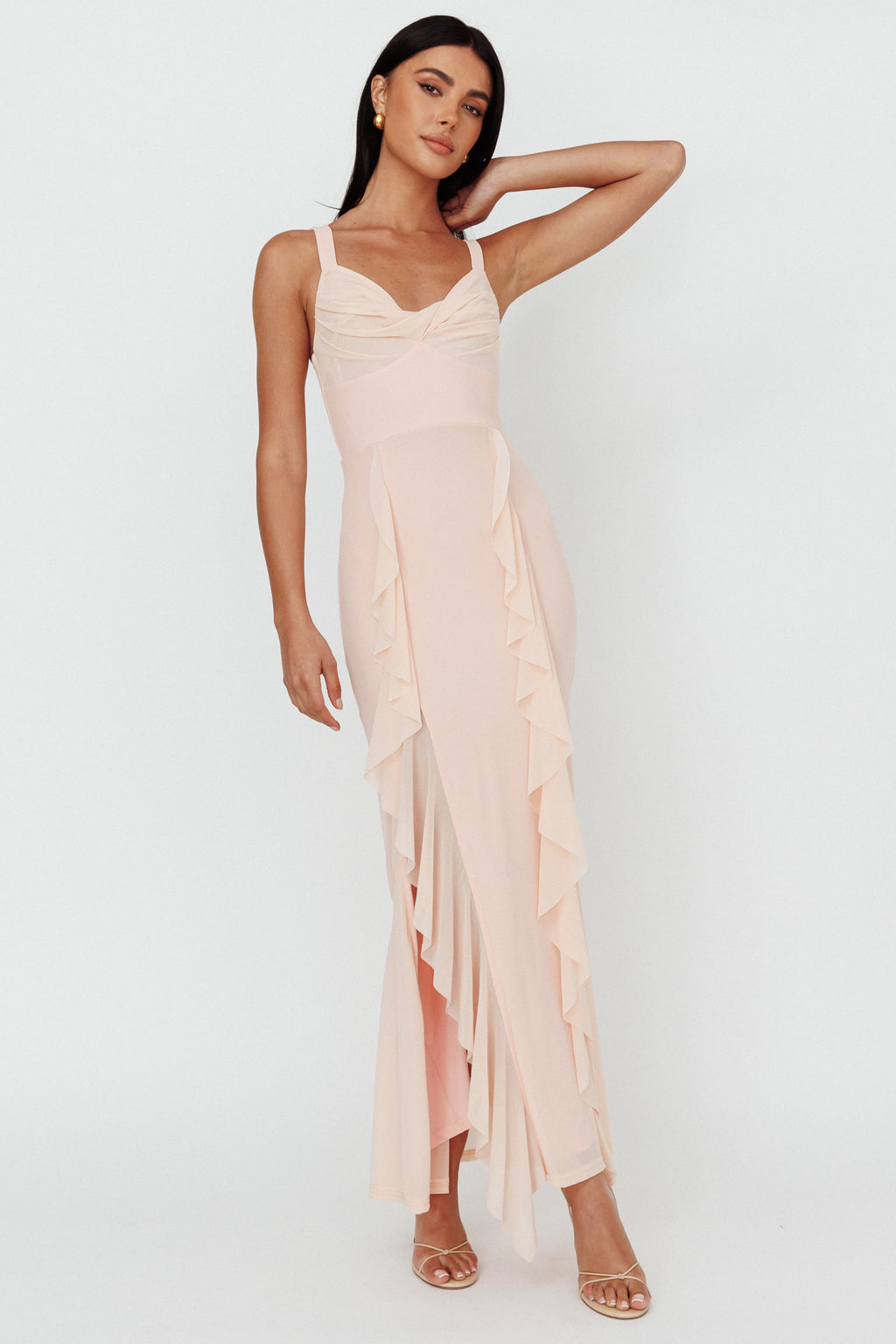 Hollianna Ruffle Trim Split Maxi Dress Champagne by Selfie Leslie Australia