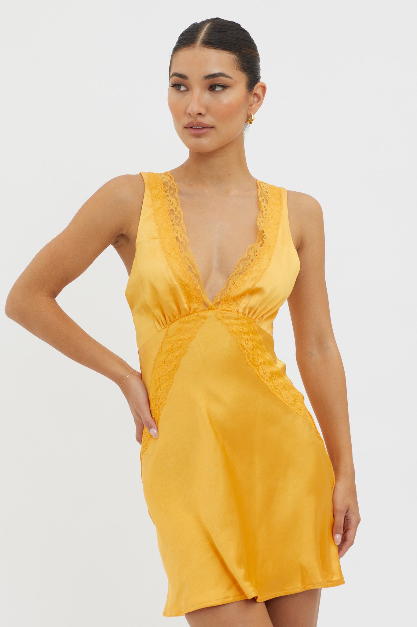 Ivonne Lace Trim V-Neck Mini Dress Tangerine by Selfie Leslie Australia