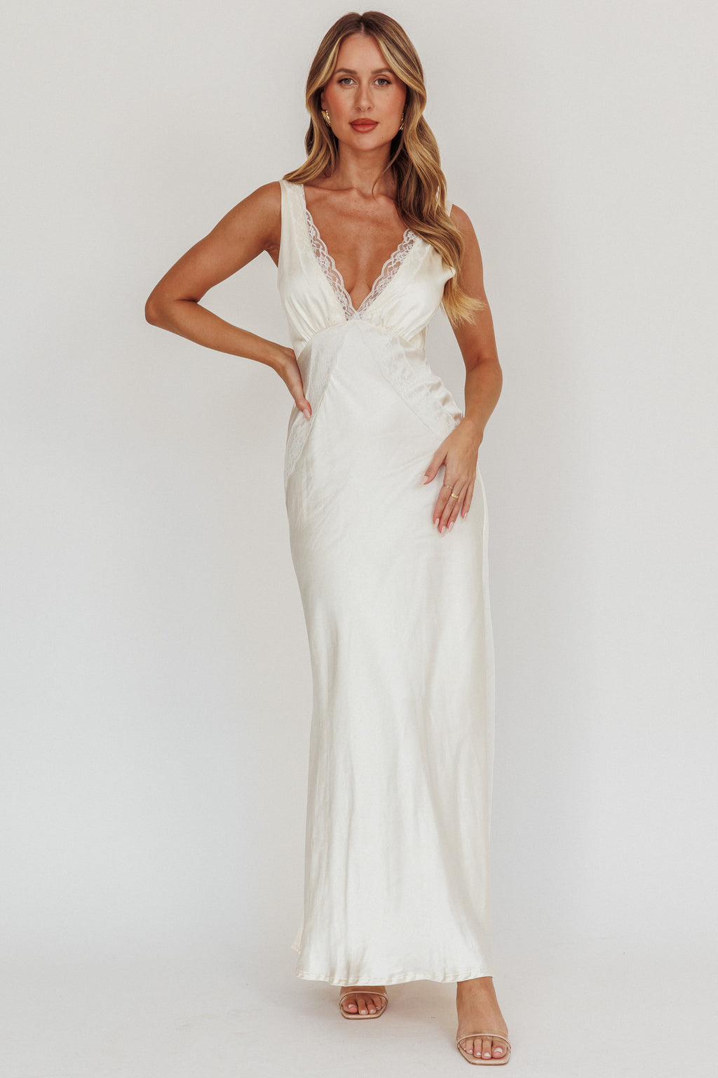 Ivonne Lace Trim V-Neck Maxi Dress Oyster by Selfie Leslie Australia