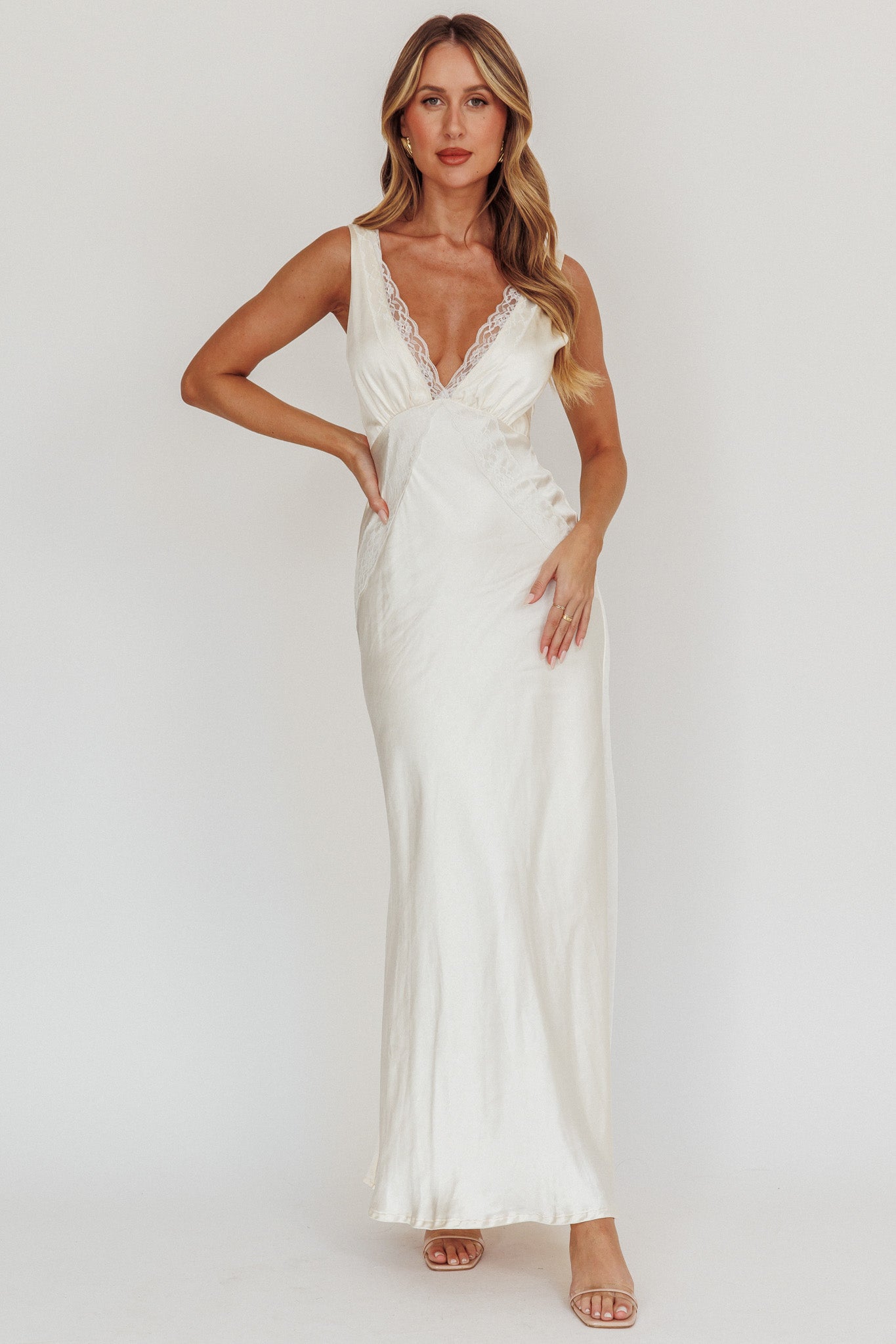 Ivonne Lace Trim V-Neck Maxi Dress Oyster by Selfie Leslie Australia
