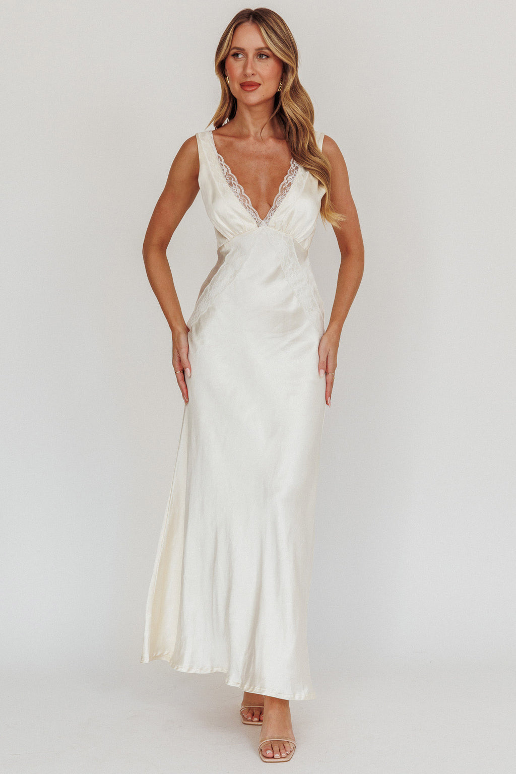 Ivonne Lace Trim V-Neck Maxi Dress Oyster by Selfie Leslie Australia