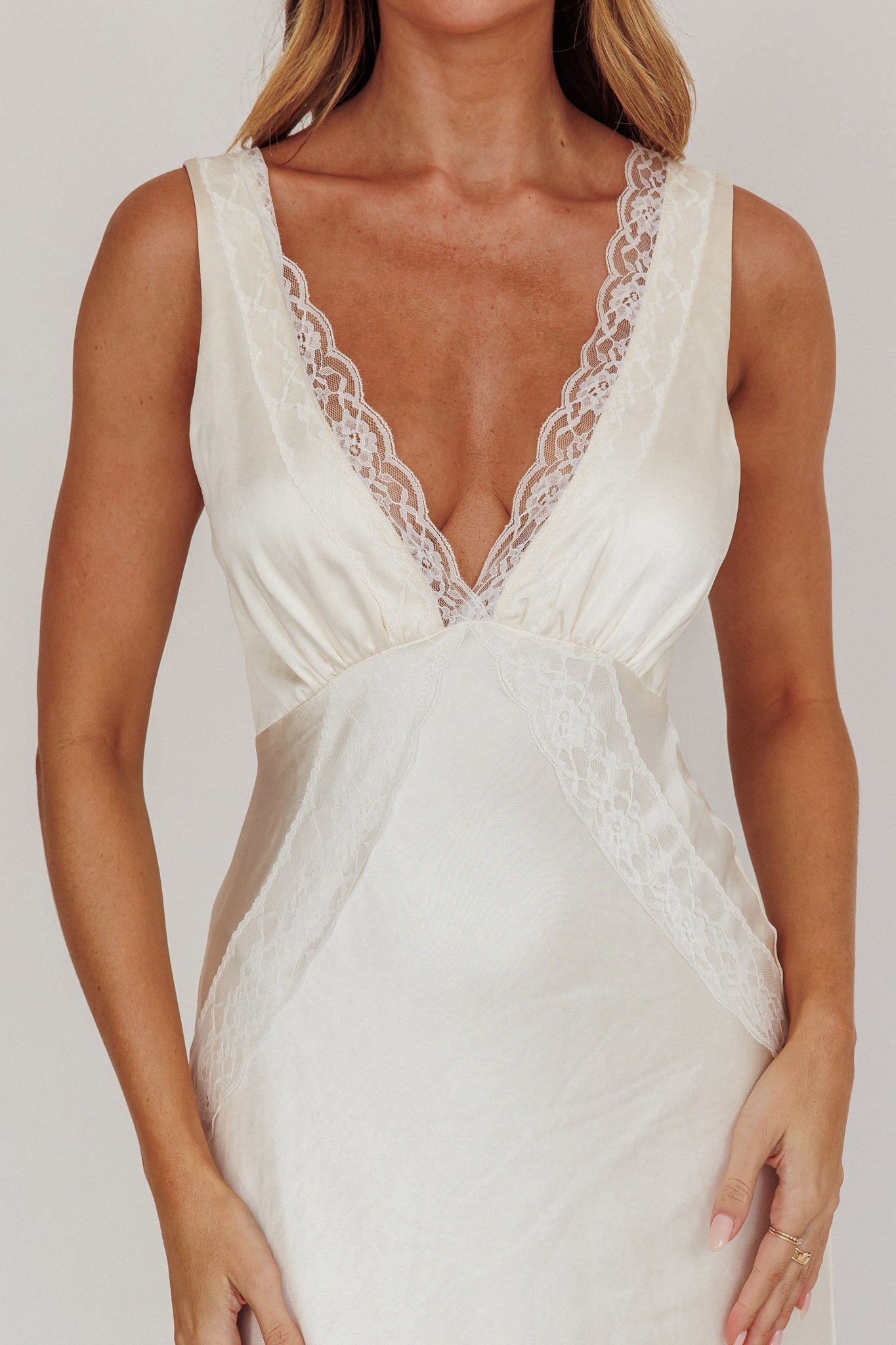 Ivonne Lace Trim V-Neck Maxi Dress Oyster by Selfie Leslie Australia