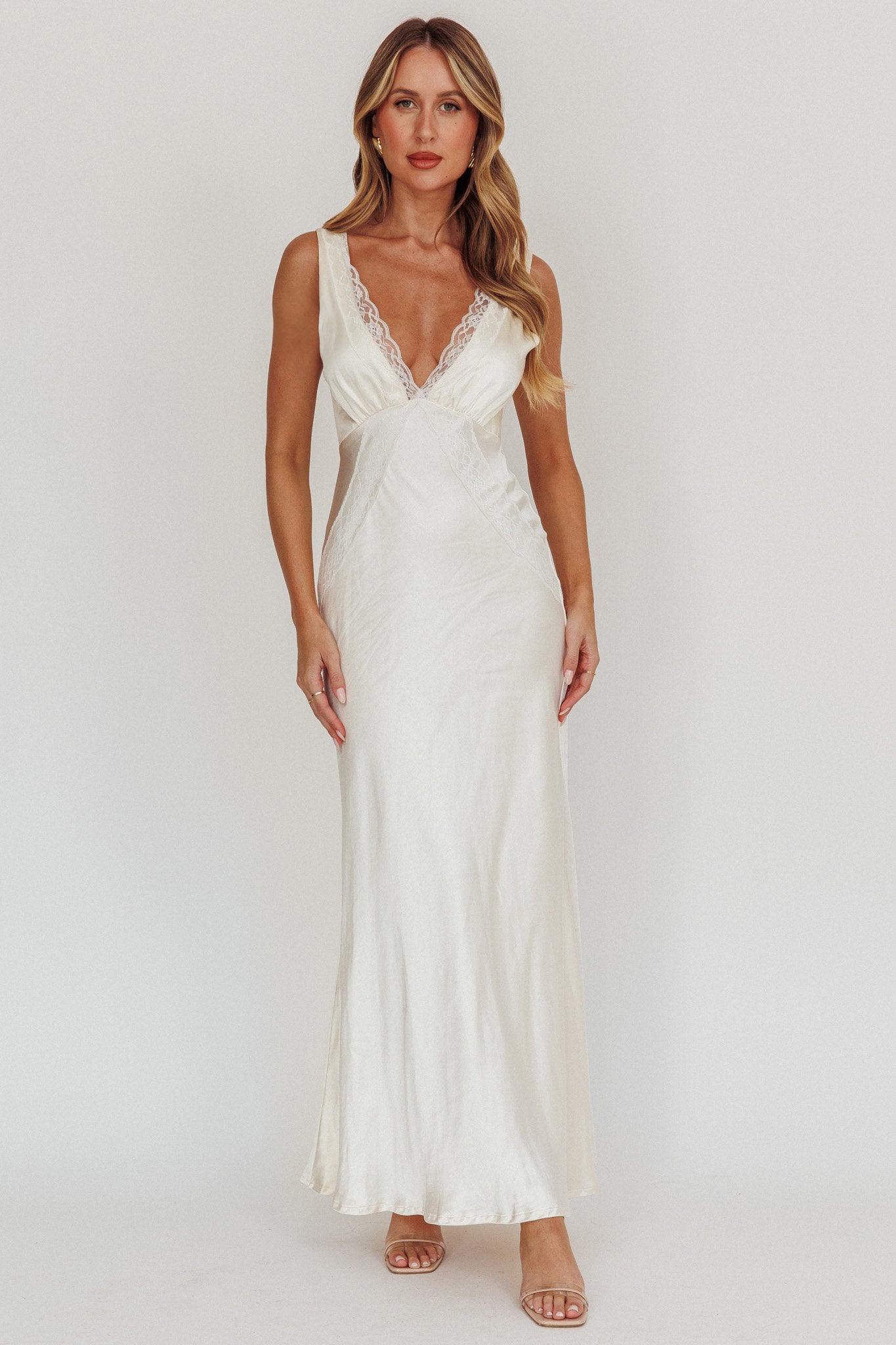 Ivonne Lace Trim V-Neck Maxi Dress Oyster by Selfie Leslie Australia