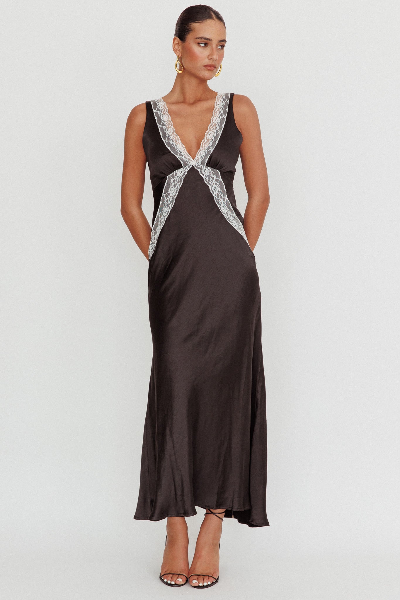 Ivonne Contrast Lace V-Neck Maxi Dress Black by Selfie Leslie Australia