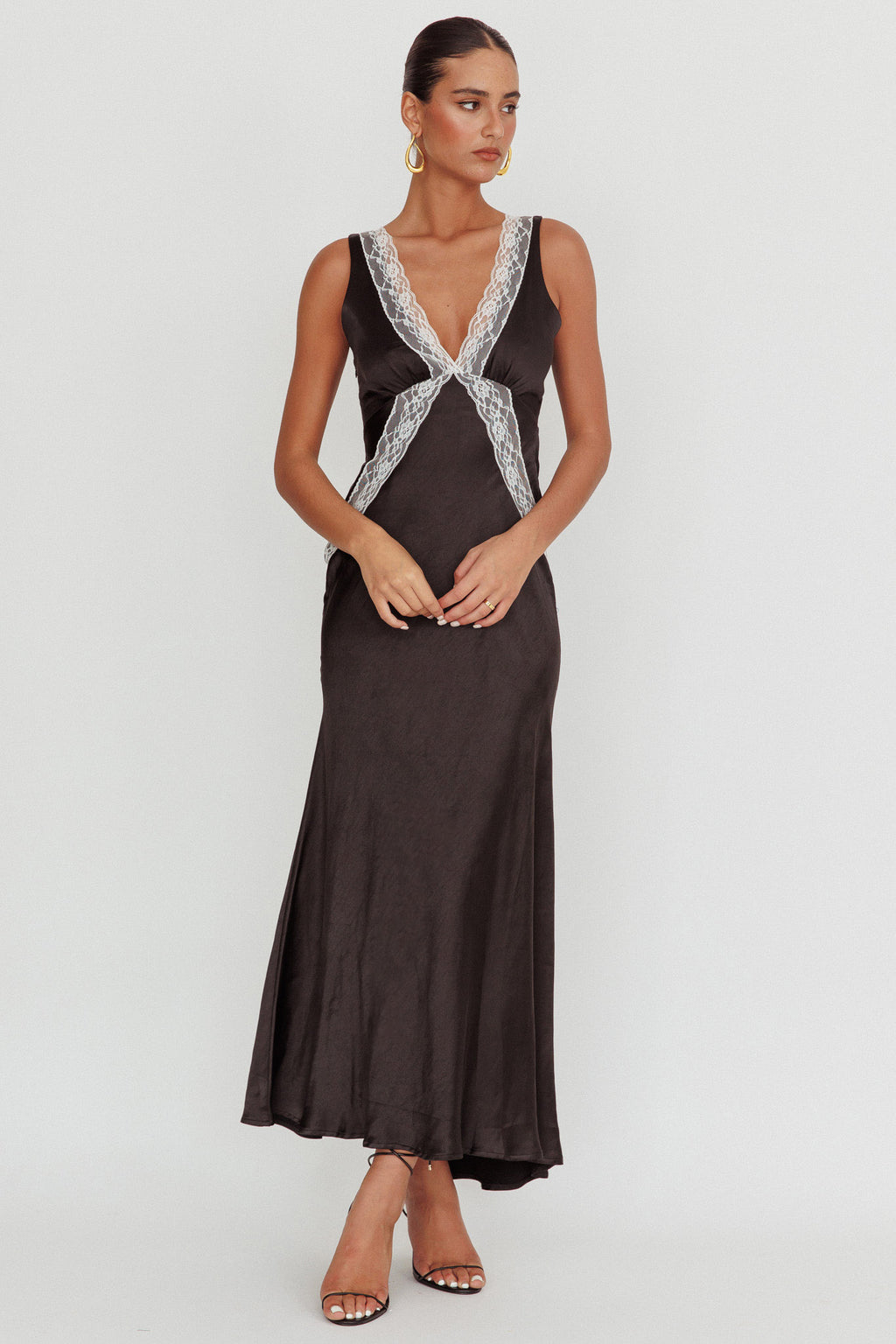 Ivonne Contrast Lace V-Neck Maxi Dress Black by Selfie Leslie Australia