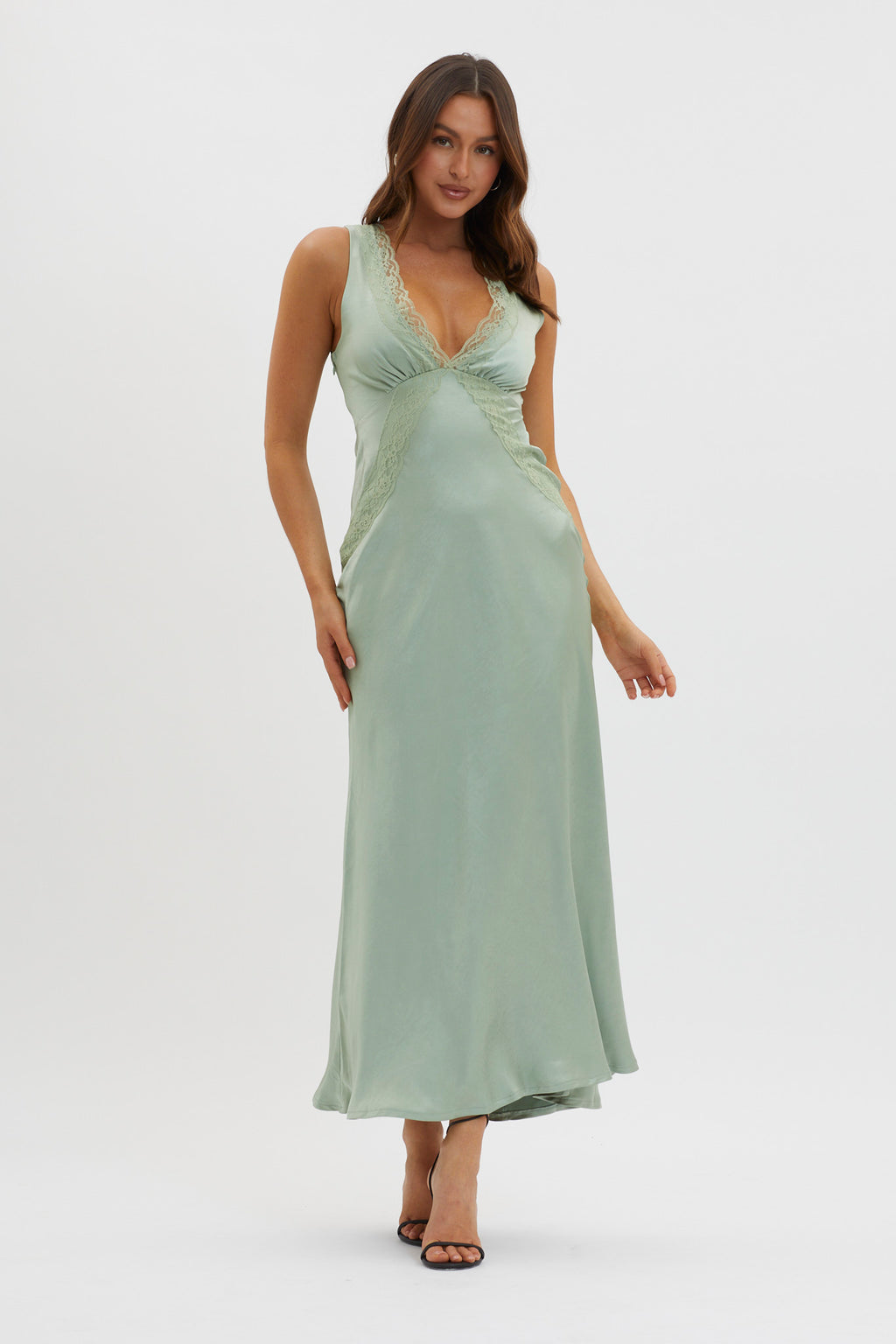 Ivonne Lace Trim V-Neck Maxi Dress Sage by Selfie Leslie Australia