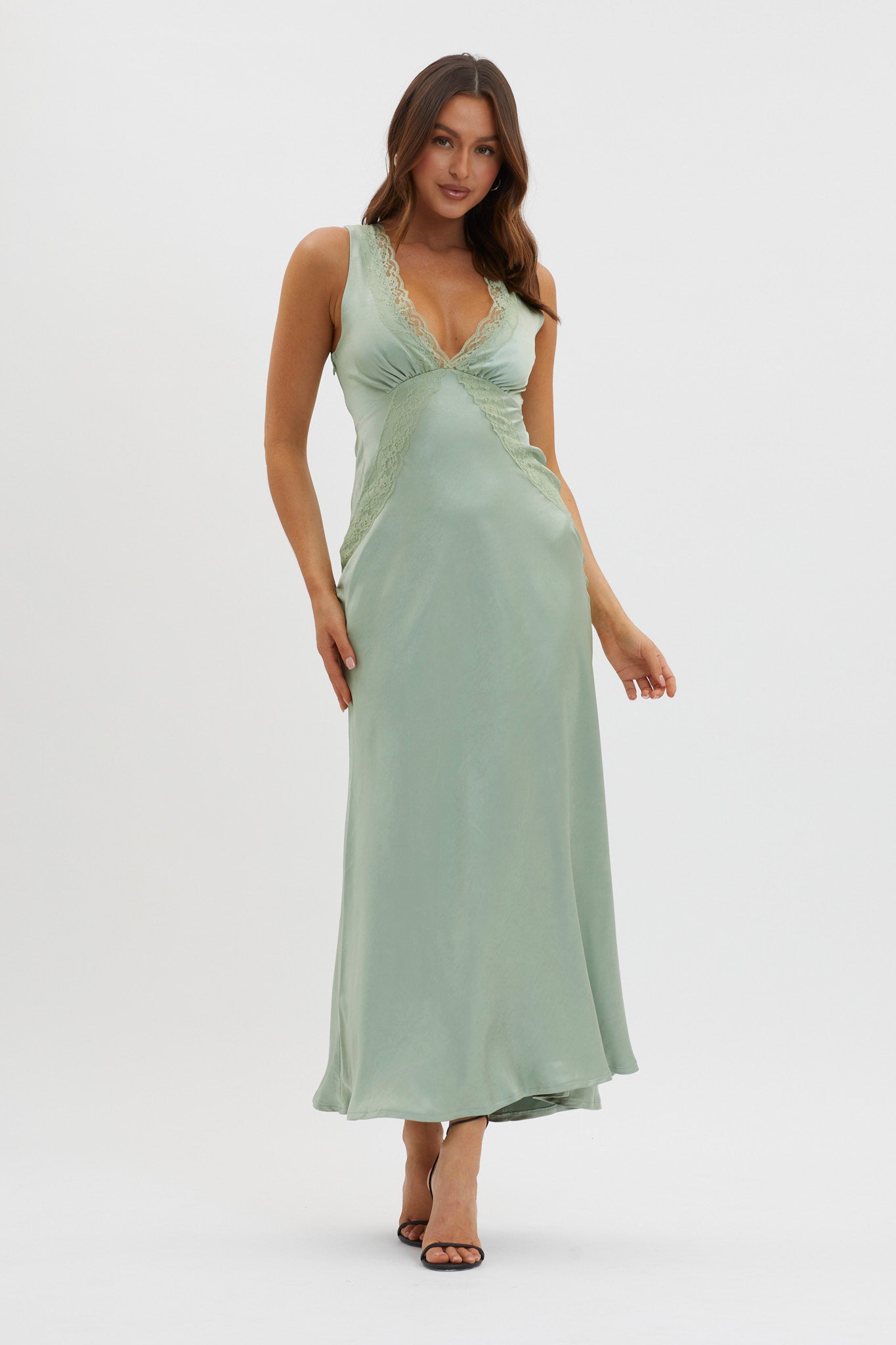 Ivonne Lace Trim V-Neck Maxi Dress Sage by Selfie Leslie Australia