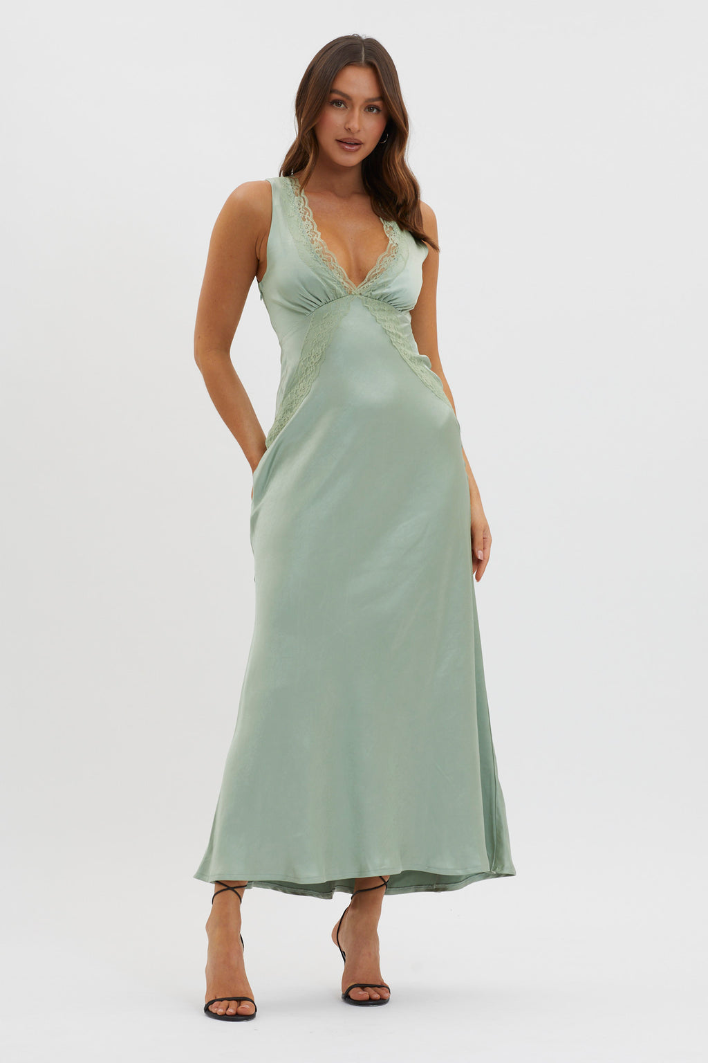Ivonne Lace Trim V-Neck Maxi Dress Sage by Selfie Leslie Australia