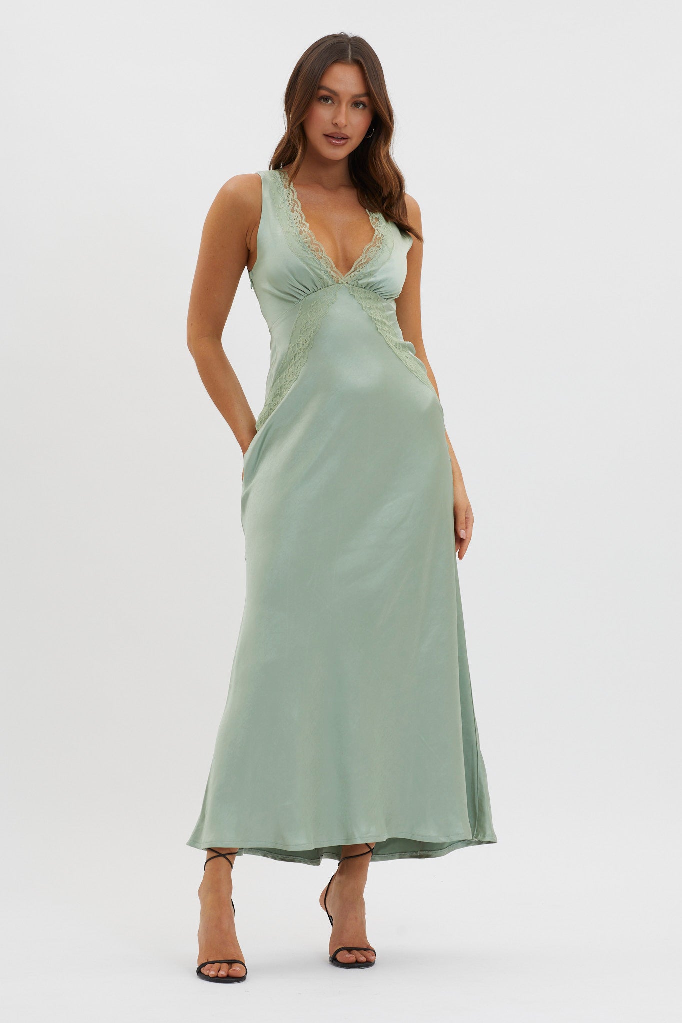 Ivonne Lace Trim V-Neck Maxi Dress Sage by Selfie Leslie Australia