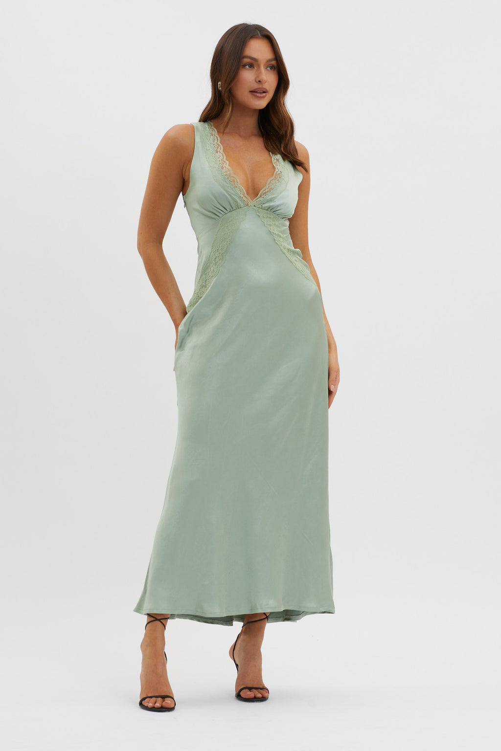 Ivonne Lace Trim V-Neck Maxi Dress Sage by Selfie Leslie Australia
