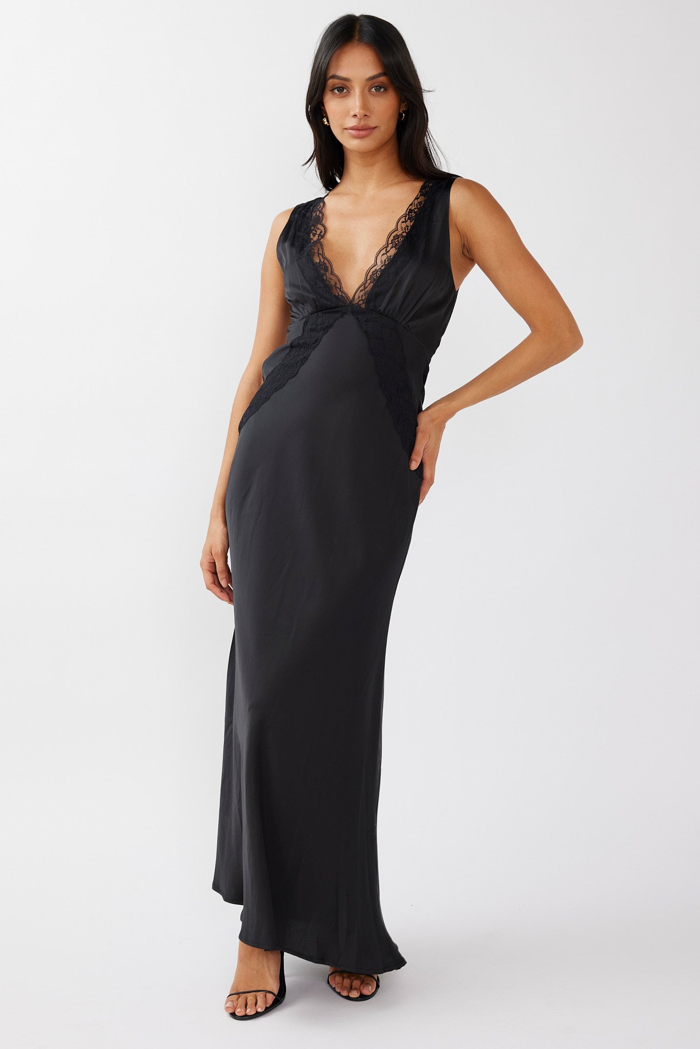 Ivonne Lace Trim V-Neck Maxi Dress Black by Selfie Leslie Australia
