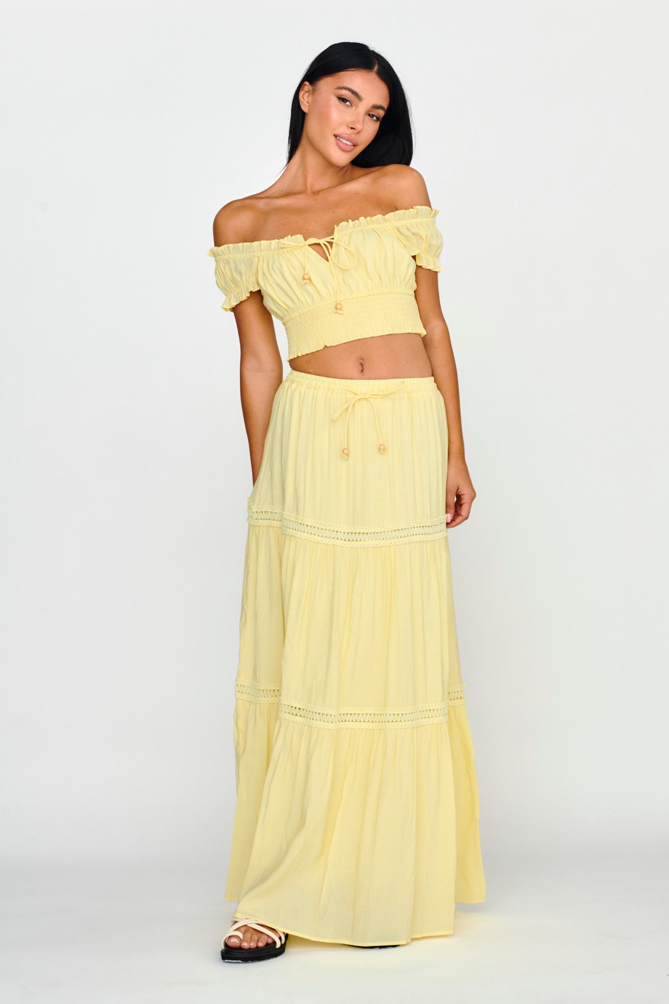 Canyon Cove Crochet Trim Maxi Skirt Yellow by Selfie Leslie Australia