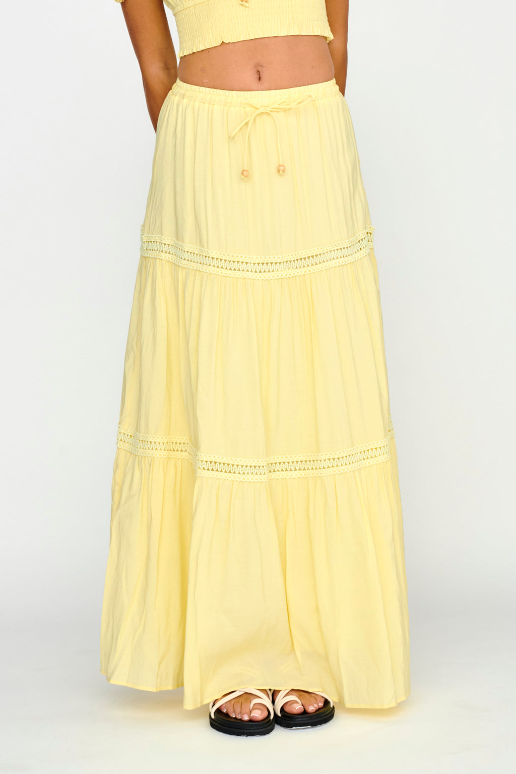 Canyon Cove Crochet Trim Maxi Skirt Yellow by Selfie Leslie Australia
